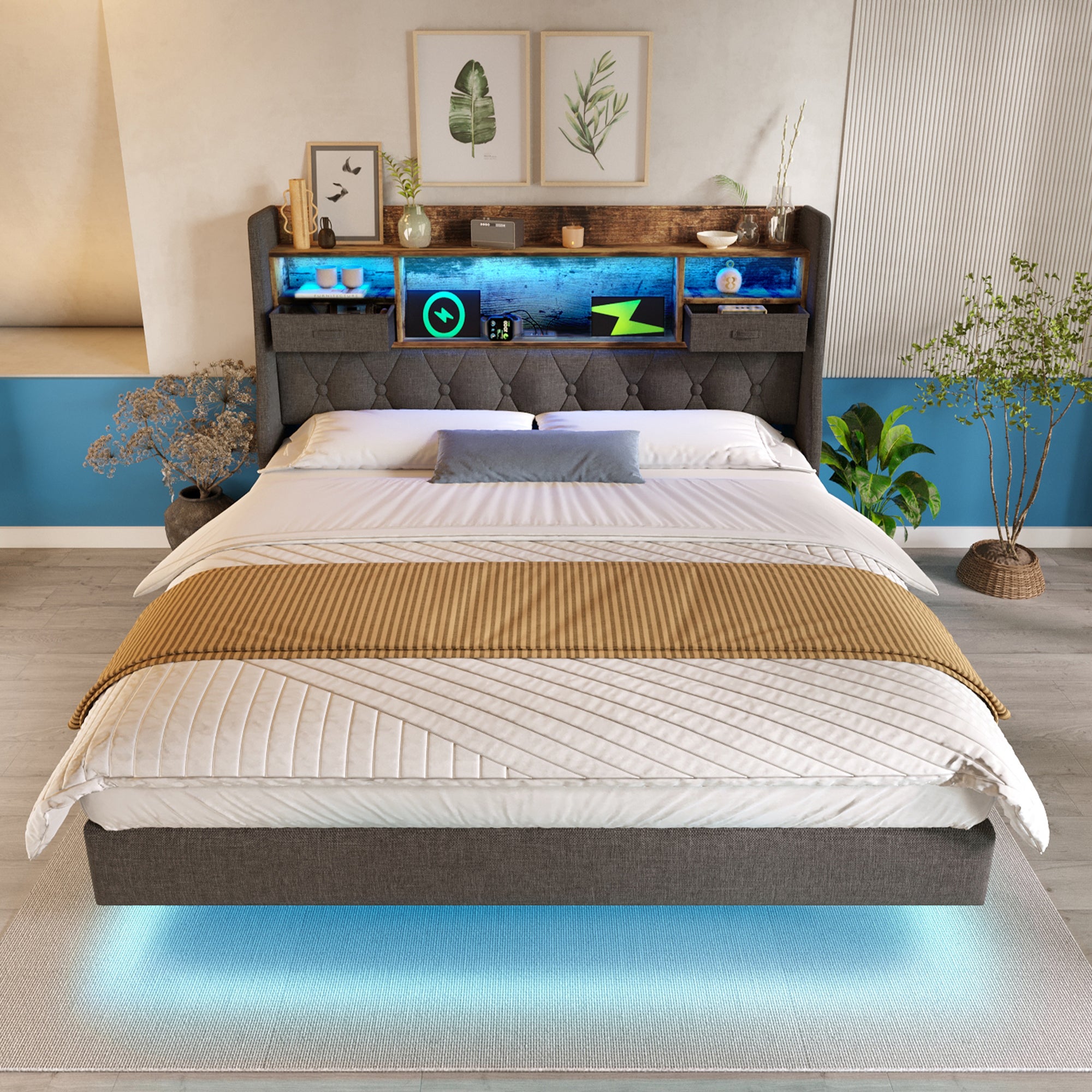 Lit 160x200 avec 1 Type-C 3 Ports USB et LED, Lit Double Flottant avec tête de de Rangement et sommier à Lattes, Lin Gris (Sans Matelas) - 7