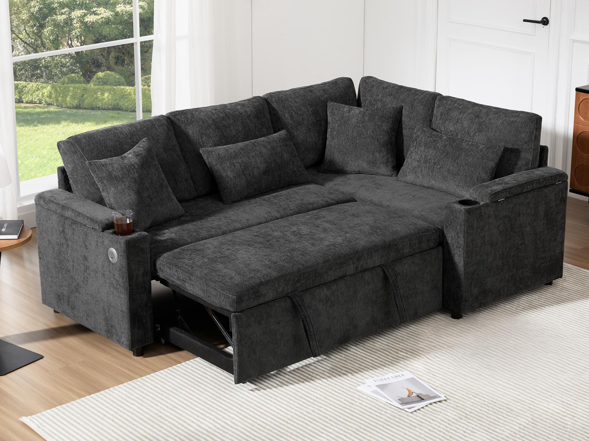 Rozkładana sofa narożna w kształcie litery L - ze schowkiem - z uchwytem na kubek - portem ładowania USB - z poduszkami - szara