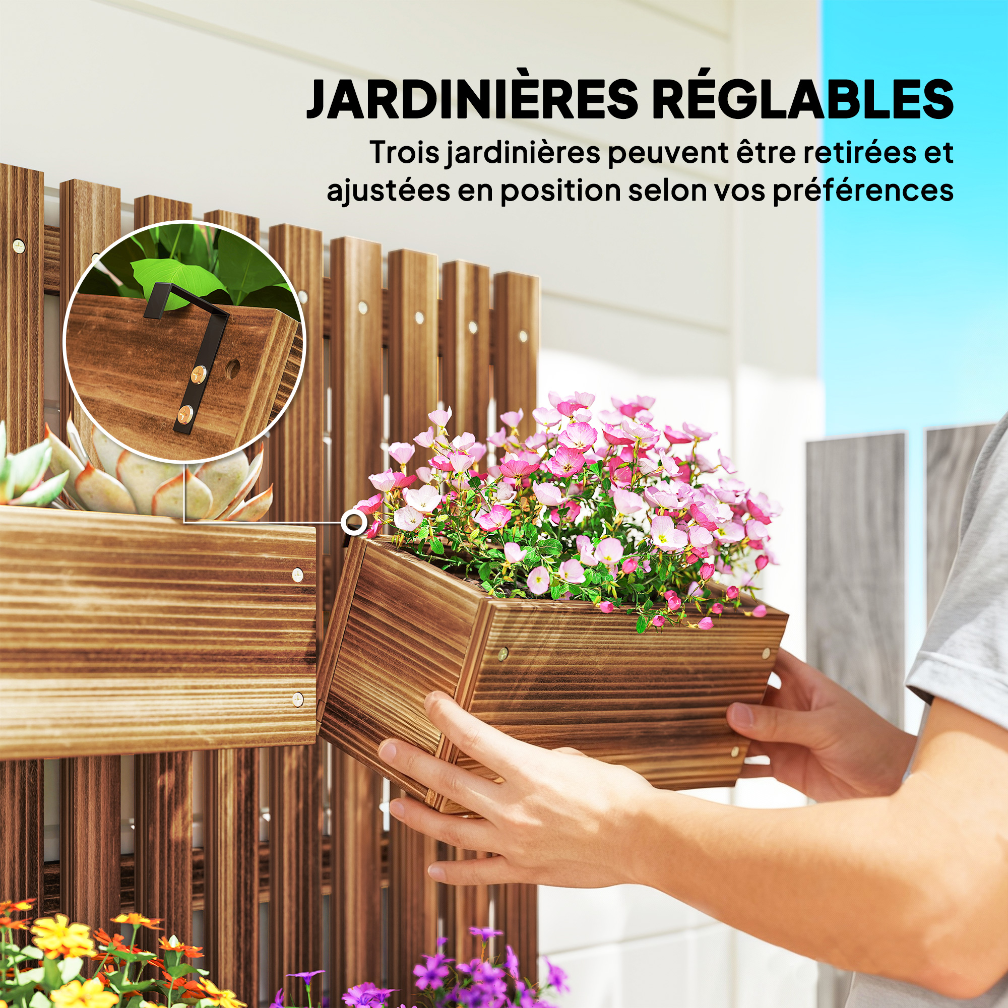 Jardinière murale en bois de sapin avec 3 bacs amovibles - 5