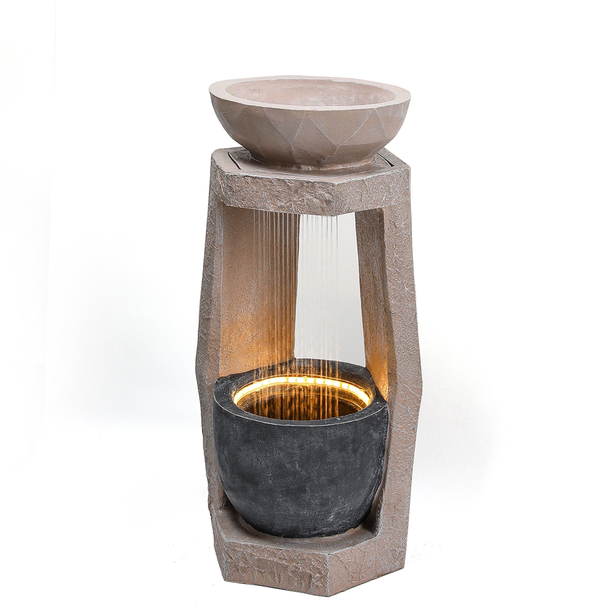 Fontaine de jardin avec LED et pompe intégrée - Résine effet pierre naturelle - 36,5 x 36 x 81,5 cm - Beige - 8