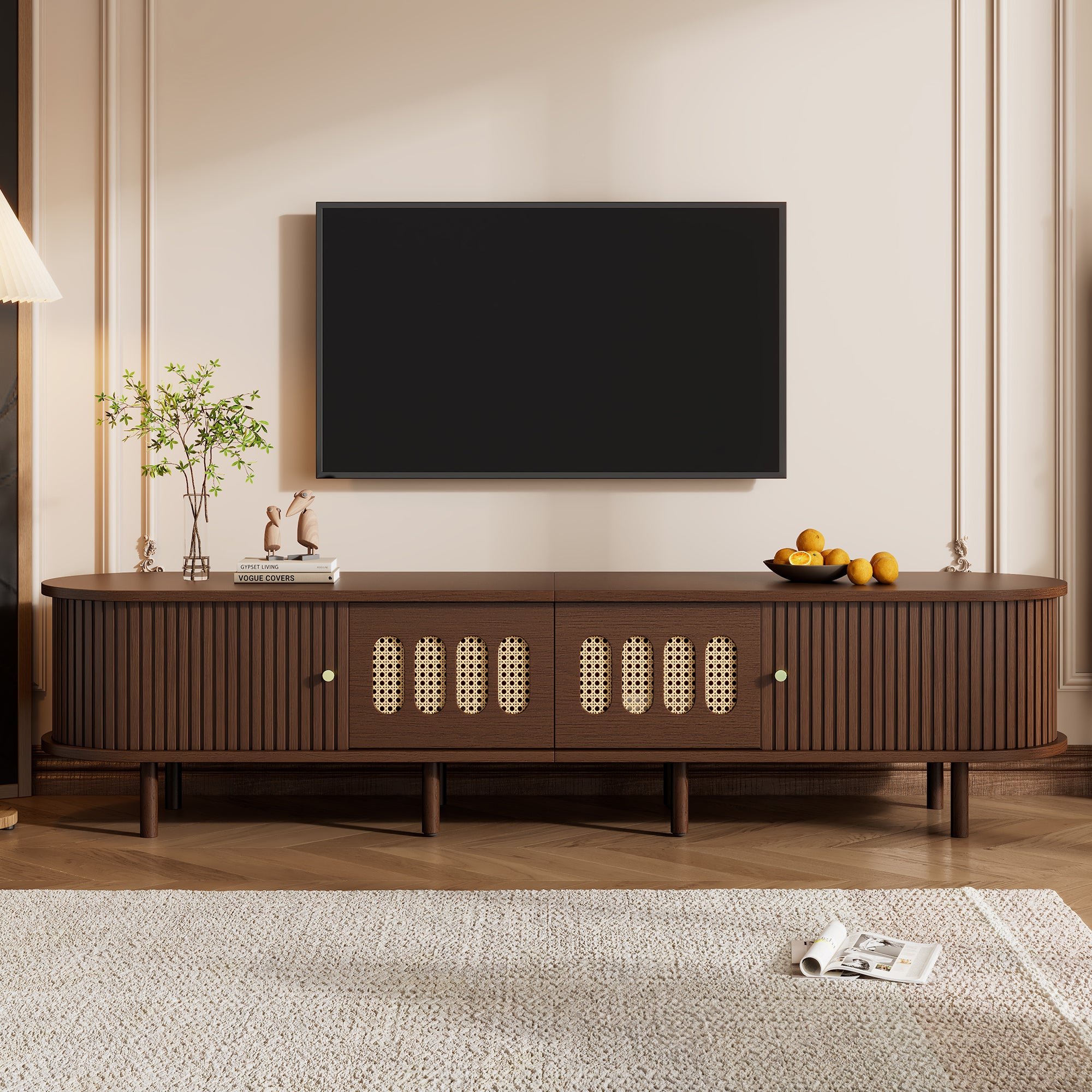 Owalna szafka RTV z 2 drzwiami przesuwnymi i 2 szufladami z rattanu - 180 x 40 x 40 cm - MDF - orzech