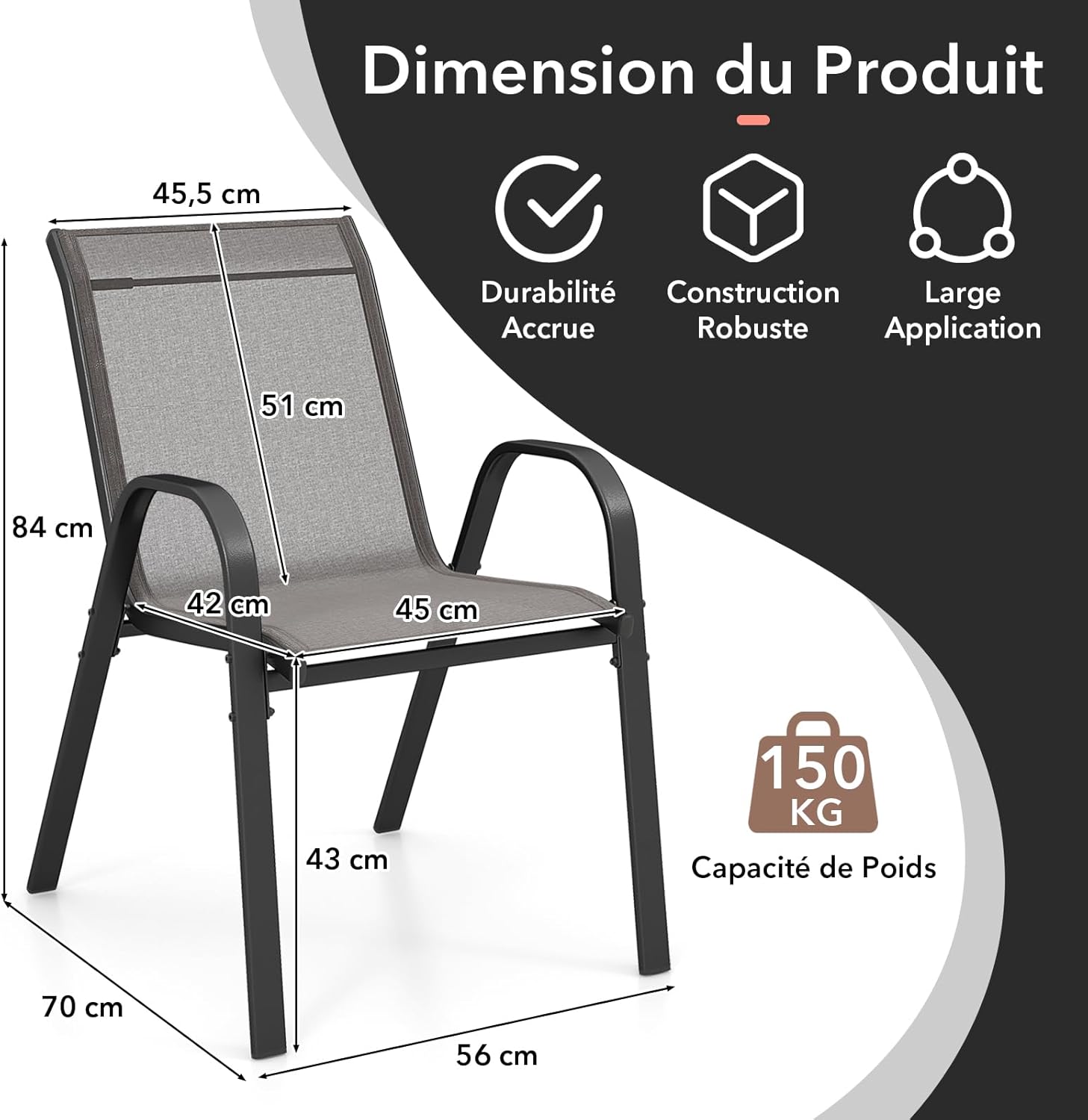 Lot de 4 Chaises de Jardin Extérieur Métal et Textilène, Fauteuil de Jardin Empilable avec Accoudoirs et Dossier, 56x70x84cm, Charge 150kg, Gris - 2