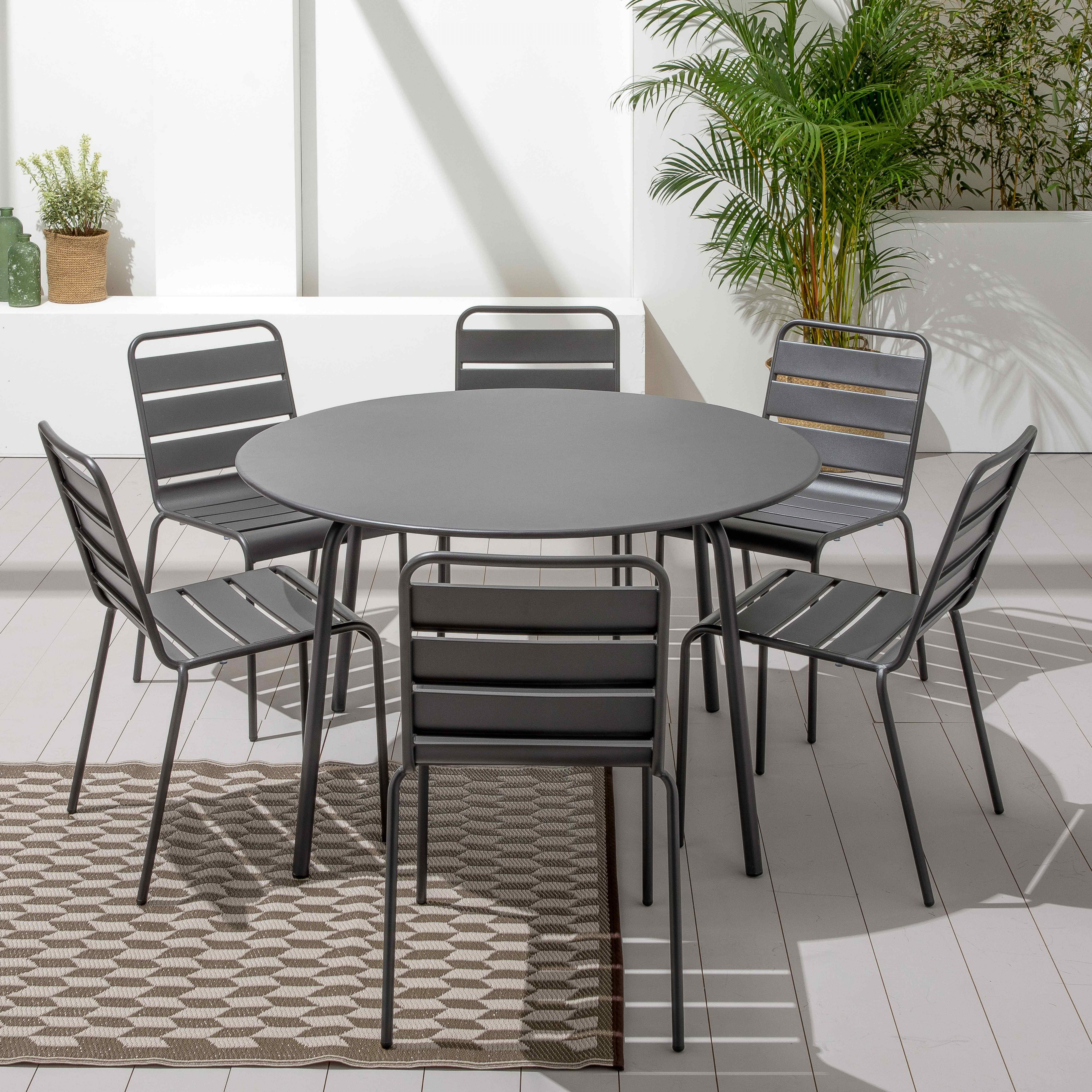 Ensemble table de jardin ronde et 6 chaises en métal anthracite , Palavas - Oviala - 8