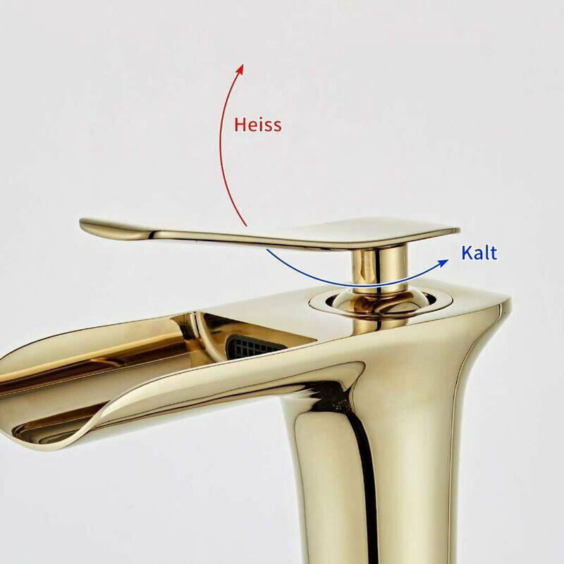 Grifo mezclador para lavabo, grifo de cascada alto para lavabo de baño, dorado - 3