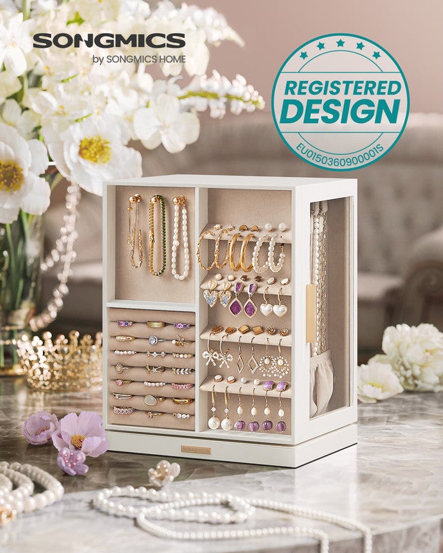 Boîte à Bijoux Pivotante sur 360°, avec 5 Tiroirs, Fenêtres en Verre Latérales, Grand, Rangement pour Accessoires, Design Ouvert, Blanc Nuage - 2