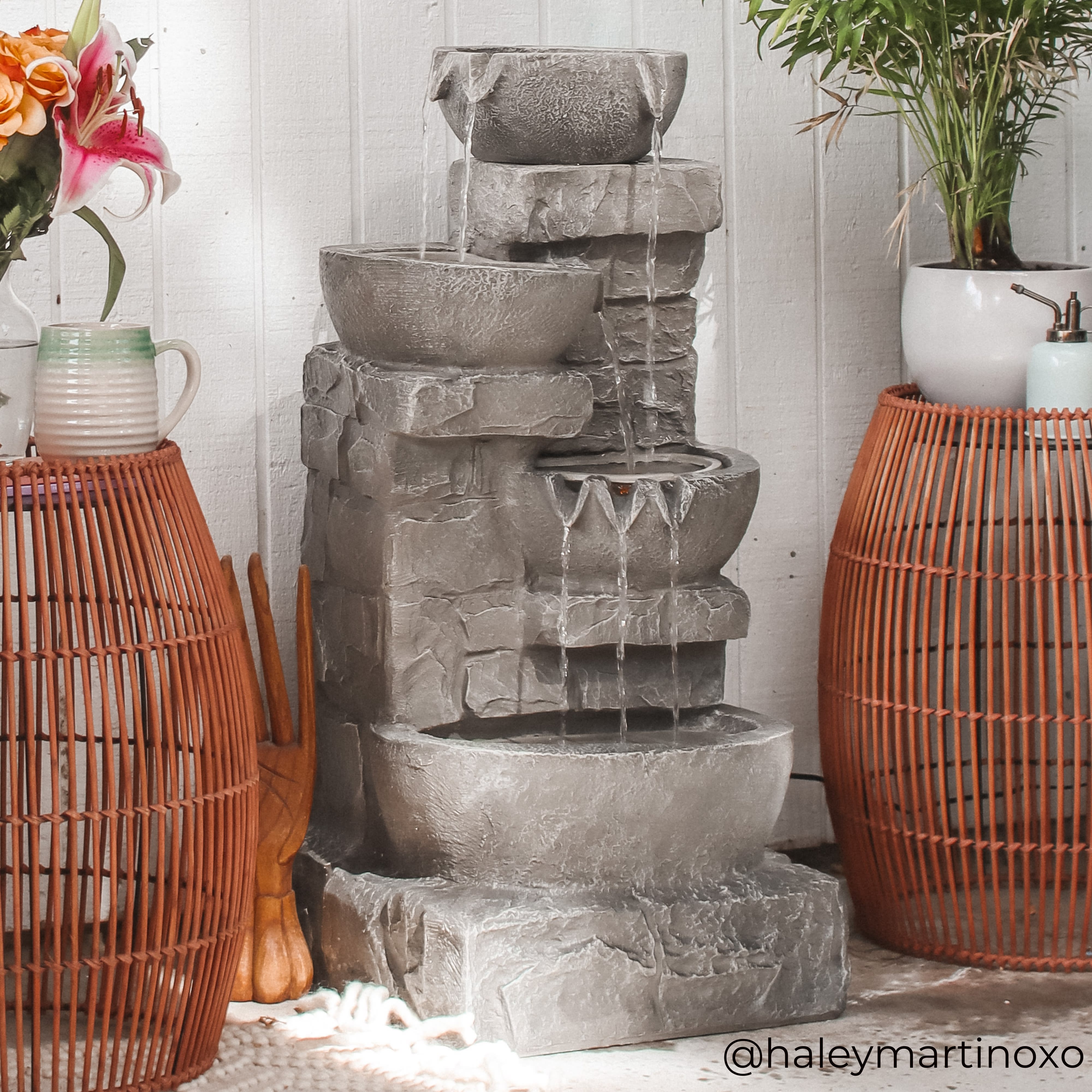 Fontaine de jardin pierre 84.5cm cascade décorative, Gris TEAMSON HOME - 7
