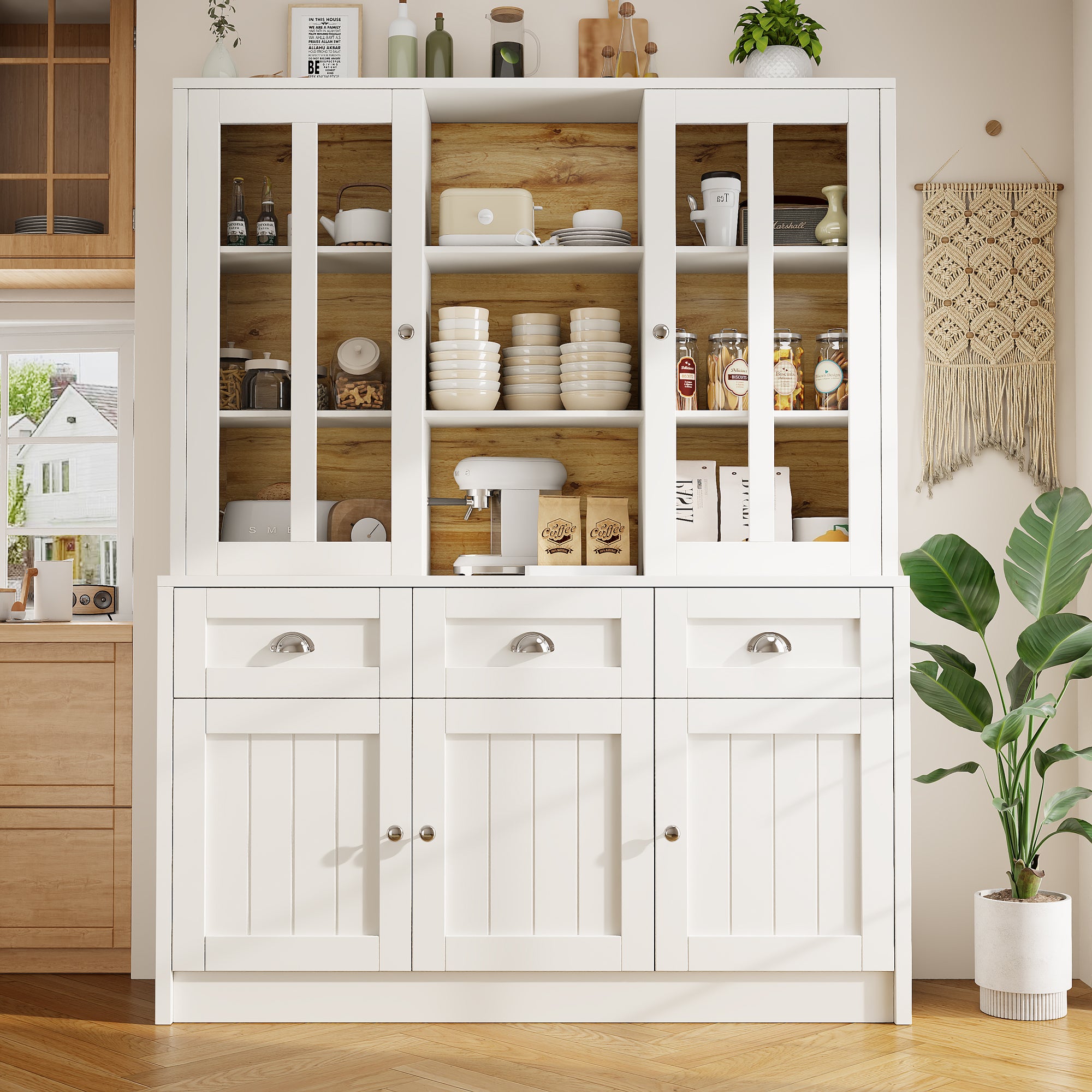 Kredens kuchenny z 5 drzwiami, 3 szufladami i półkami, witryna - 140 x 38,5 x 175 cm - MDF - biały + naturalny - 2