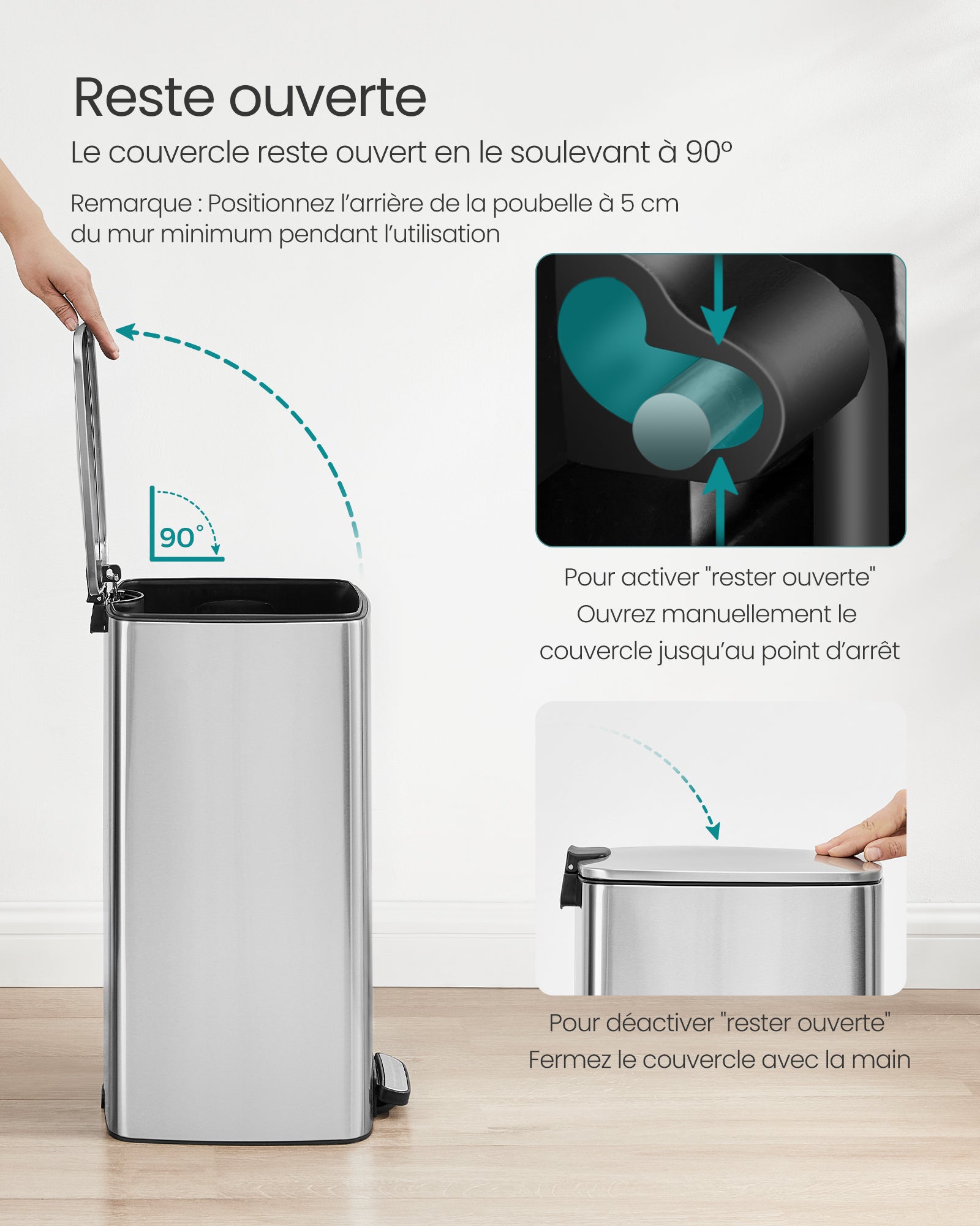 Poubelle de Cuisine, Poubelle 30 L, Poubelle à Pédale en Acier, avec Seau Intérieur, Fermeture Douce et Maintien en Ouverture, Argent Métallique - 7