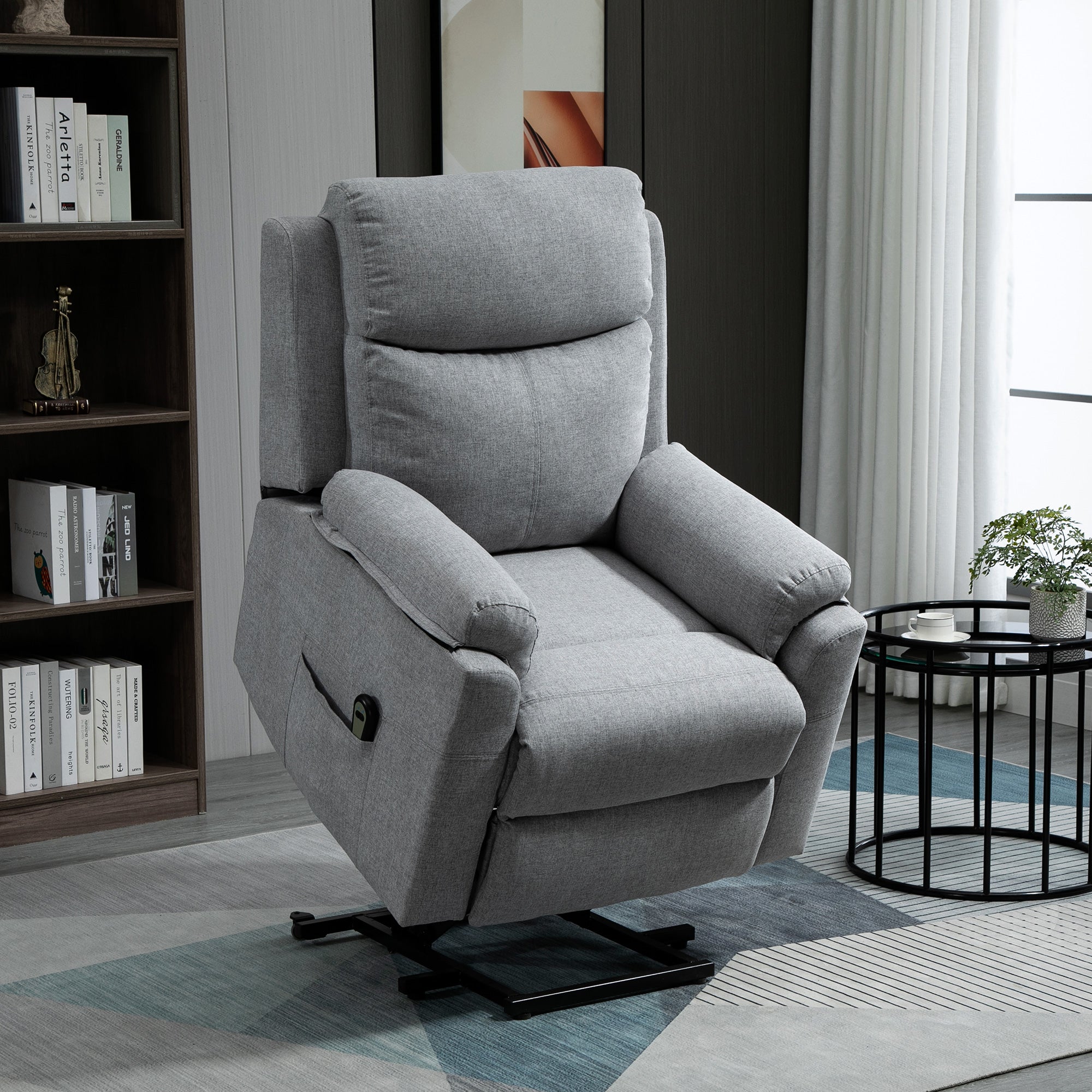 HOMCOM Poltrona Relax Alzapersona Elettrica Reclinabile con Telecomando e Poggiapiedi in Tessuto, Grigio Chiaro - 2