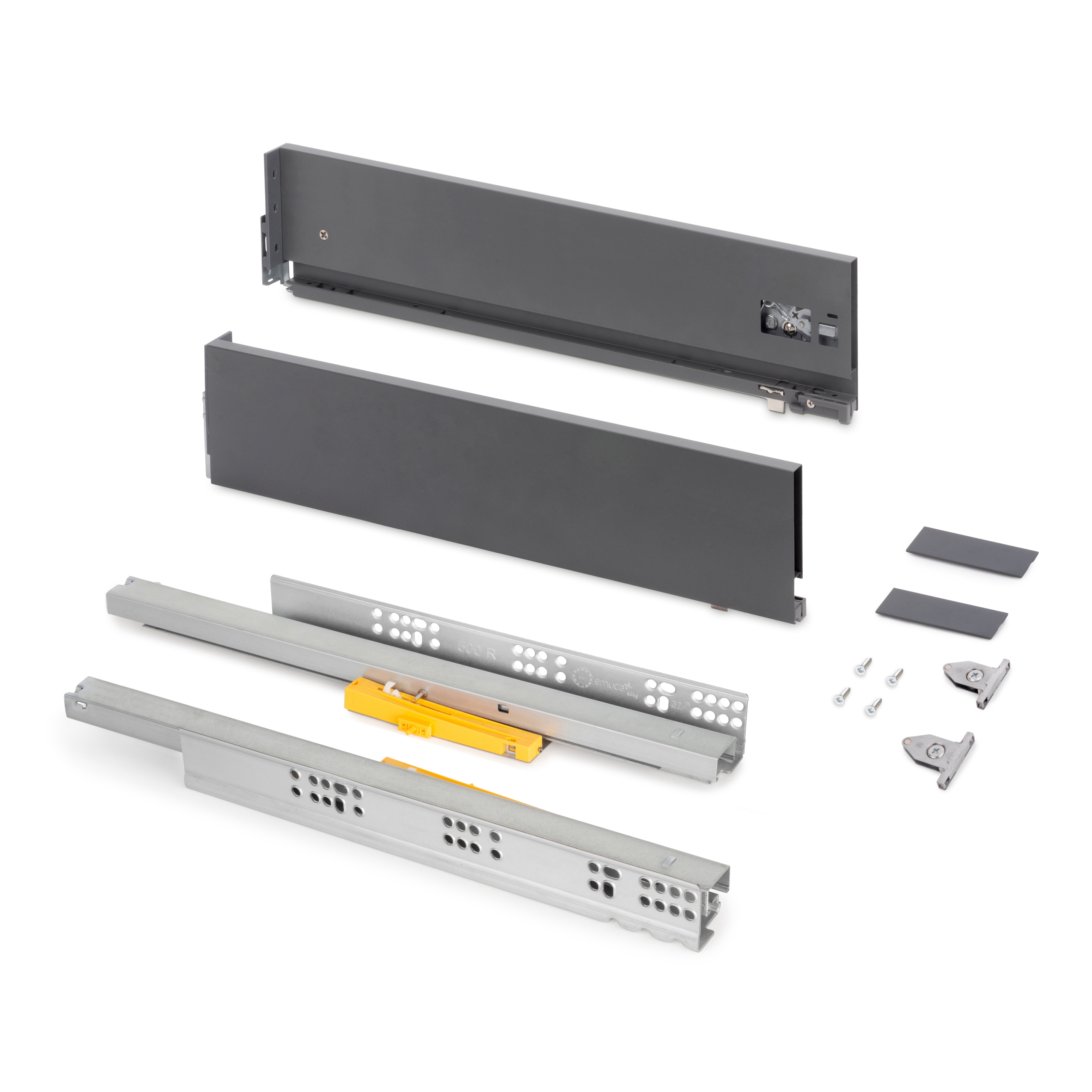 Emuca Szuflada zewnętrzna Vertex z systemem Push Synchro z regulacją 3D, wysokość 131mm, 40kg, głębokość 350 mm, Stal, Szary antracytowy