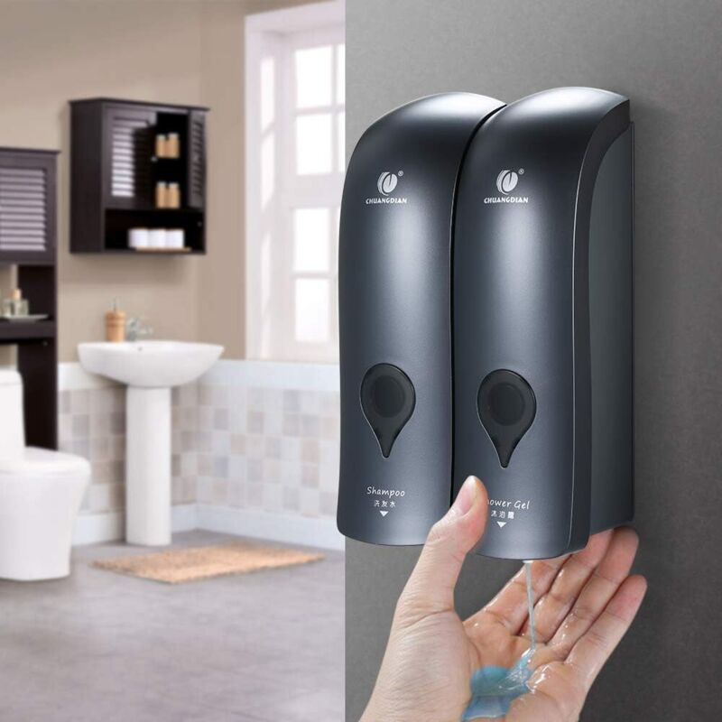 Dozator de săpun cu perete dublu de 300 ml, dozator manual de săpun de duș, dozator de șampon cu montare pe perete, fără găurire