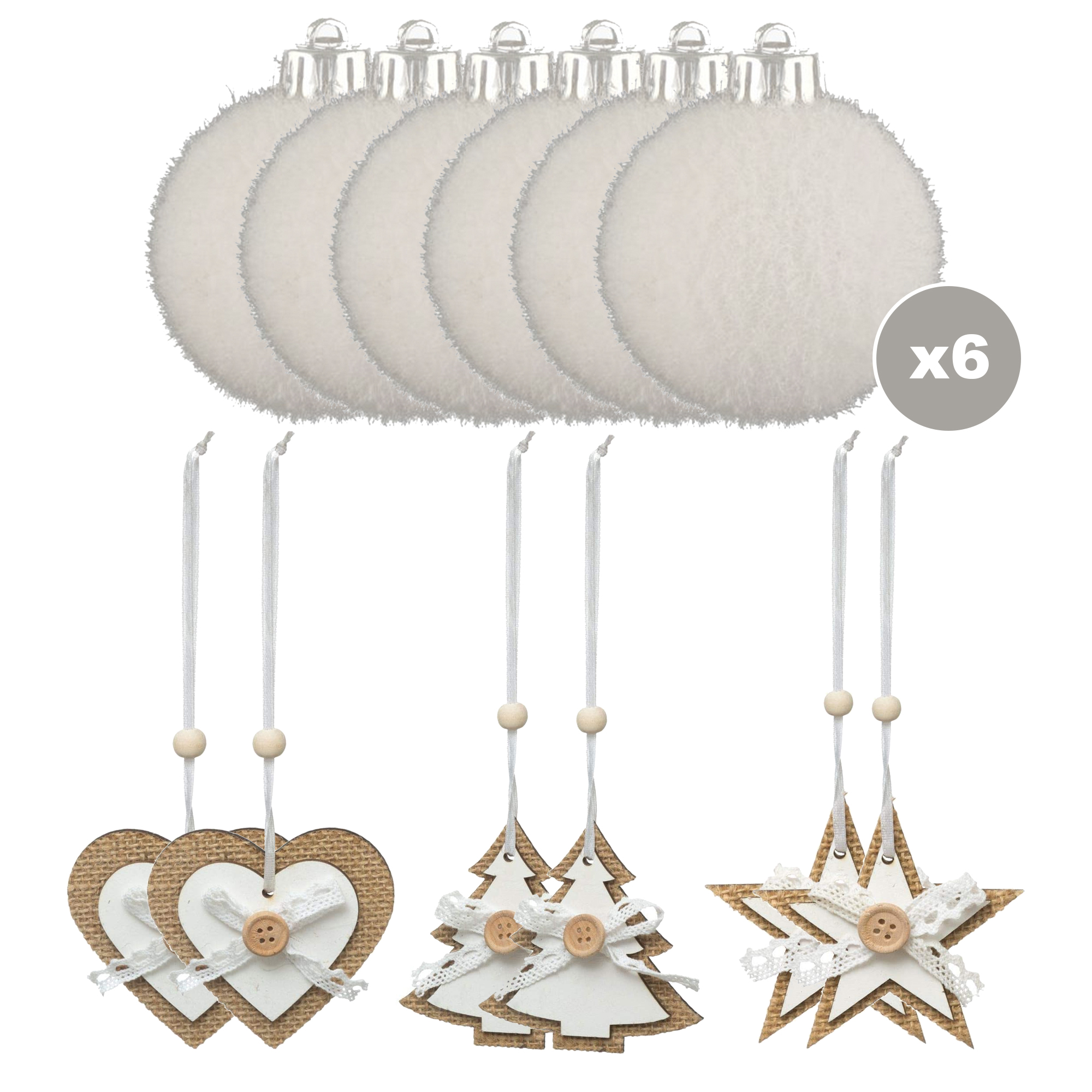 Pack de 6 bolas de navidad blancas 60mm + 6 adornos navideños madera de yute
