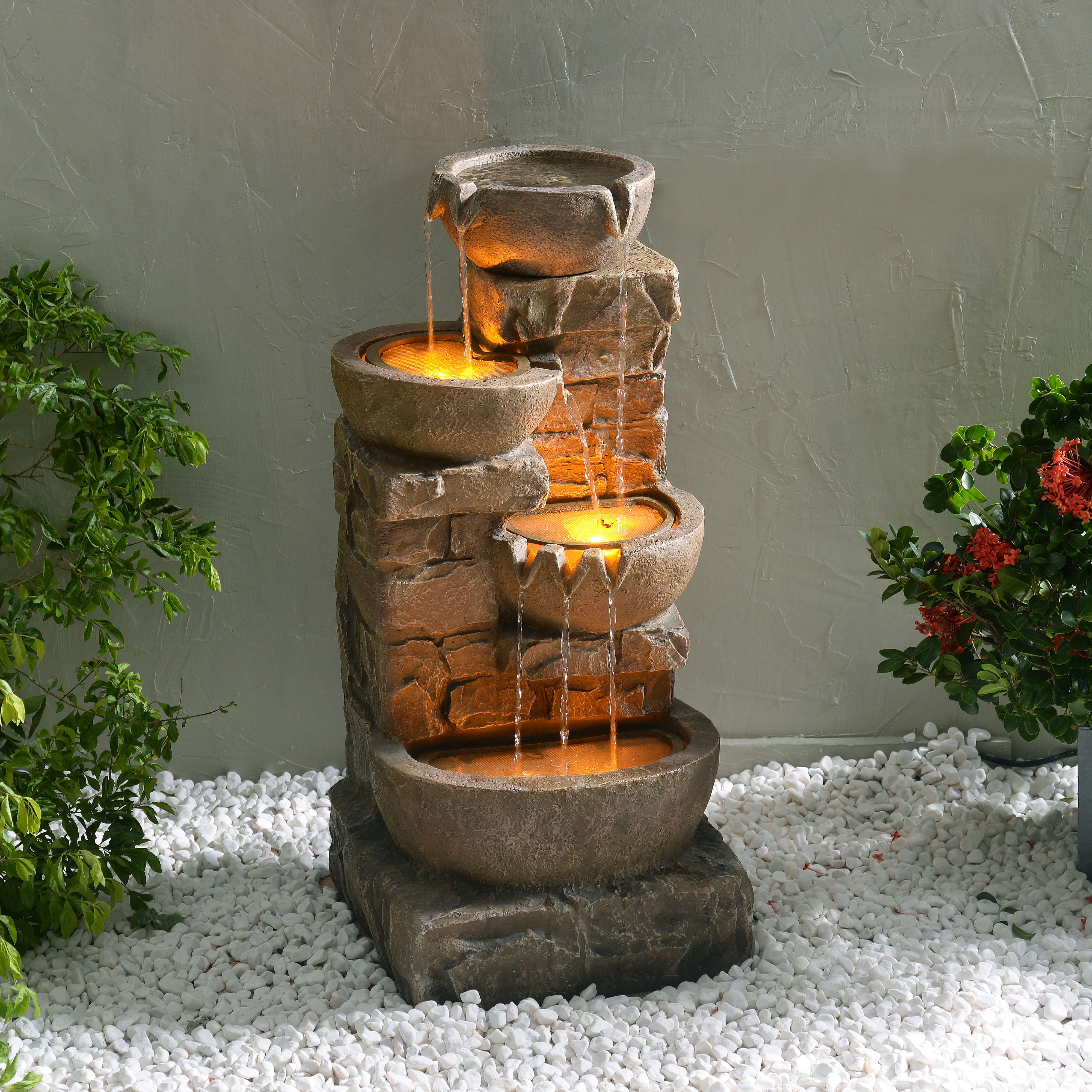 Fontaine de jardin pierre 84.5cm avec pompe LED, Marron TEAMSON HOME - 2