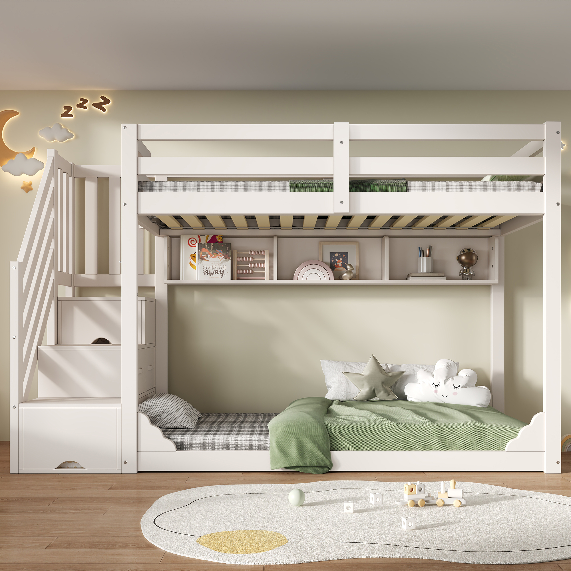 Łóżko piętrowe 90x200cm - z drabiną z pojemnikami i półkami - z 2 szufladami - Lite drewno + płyta wiórowa - Biały​ (bez materaca)