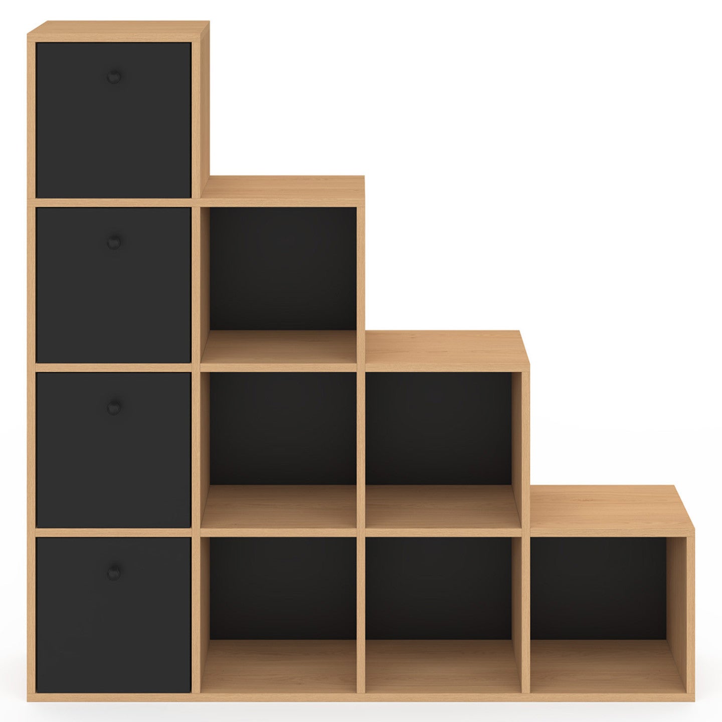 Meuble de rangement en escalier LORYS 4 niveaux bois et noir avec 4 tiroirs en tissu - 3