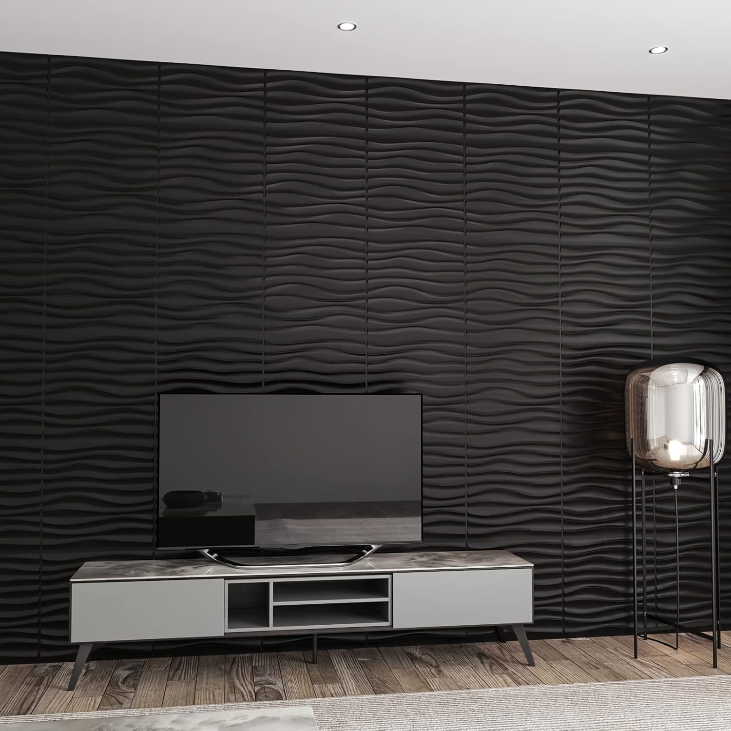 Lot de 12 Panneaux Muraux 3D Ondulés en PVC 50×50 cm – Panneaux Décoratifs Muraux pour Décoration Intérieure Salon Chambre, Noir (3㎡) - 7