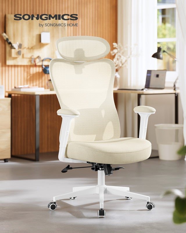 Chaise de Bureau Ergonomique, Fauteuil de Bureau, Appui-Tête et Soutien Lombaire Réglables, Supporte Jusqu’à 150 kg, Hauteur Réglable, Beige Sable - 2