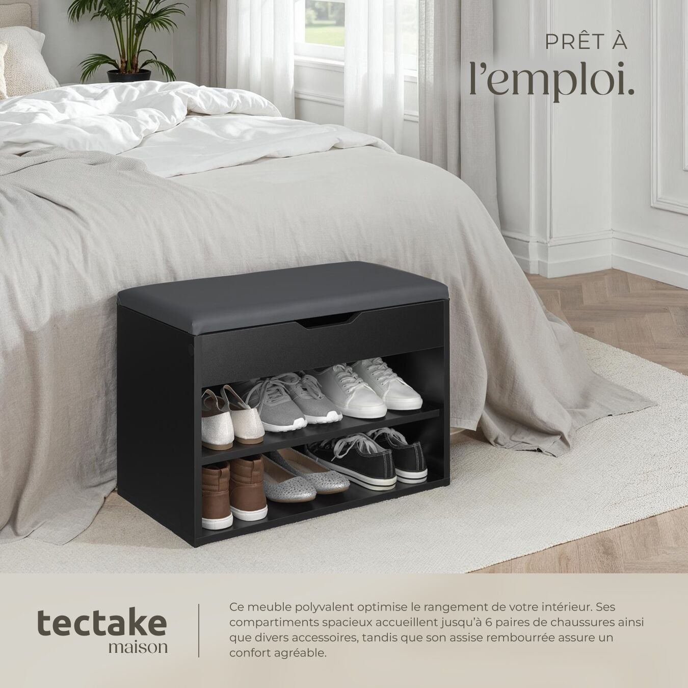 Banc à chaussures en bois MDF avec coussin d'assise 60 x 30 x 43,5 cm TECTAKE - 5