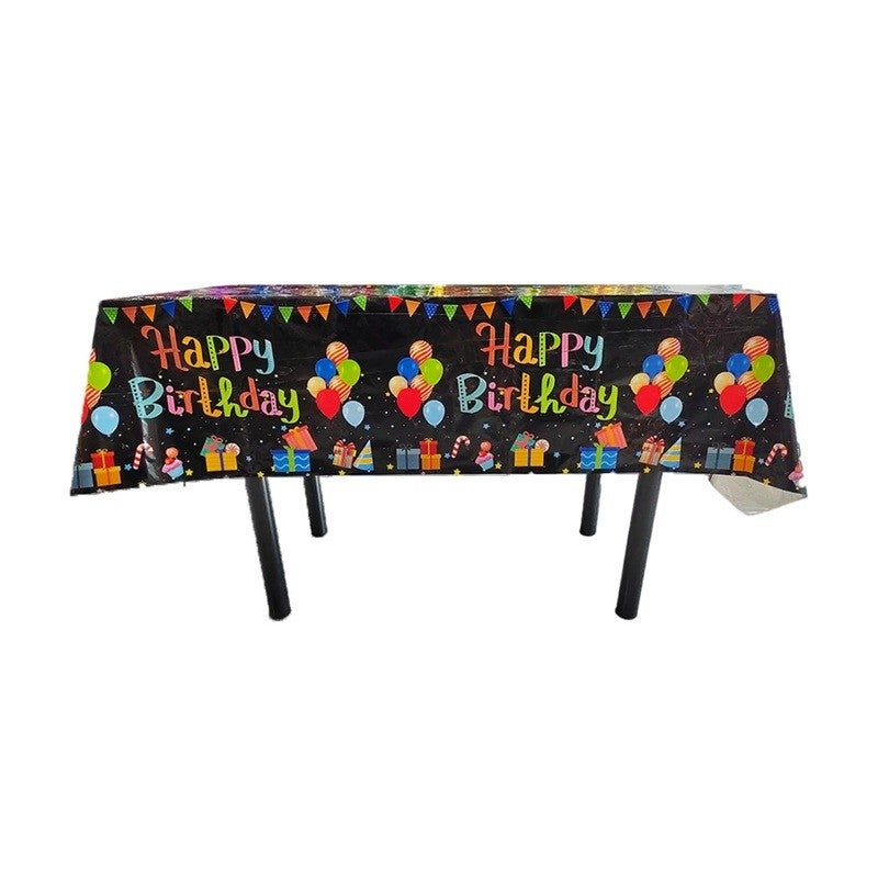 Fata de masa Flippy Happy Birthday cu baloane, folie PET, neagra, 137 x 274 cm
