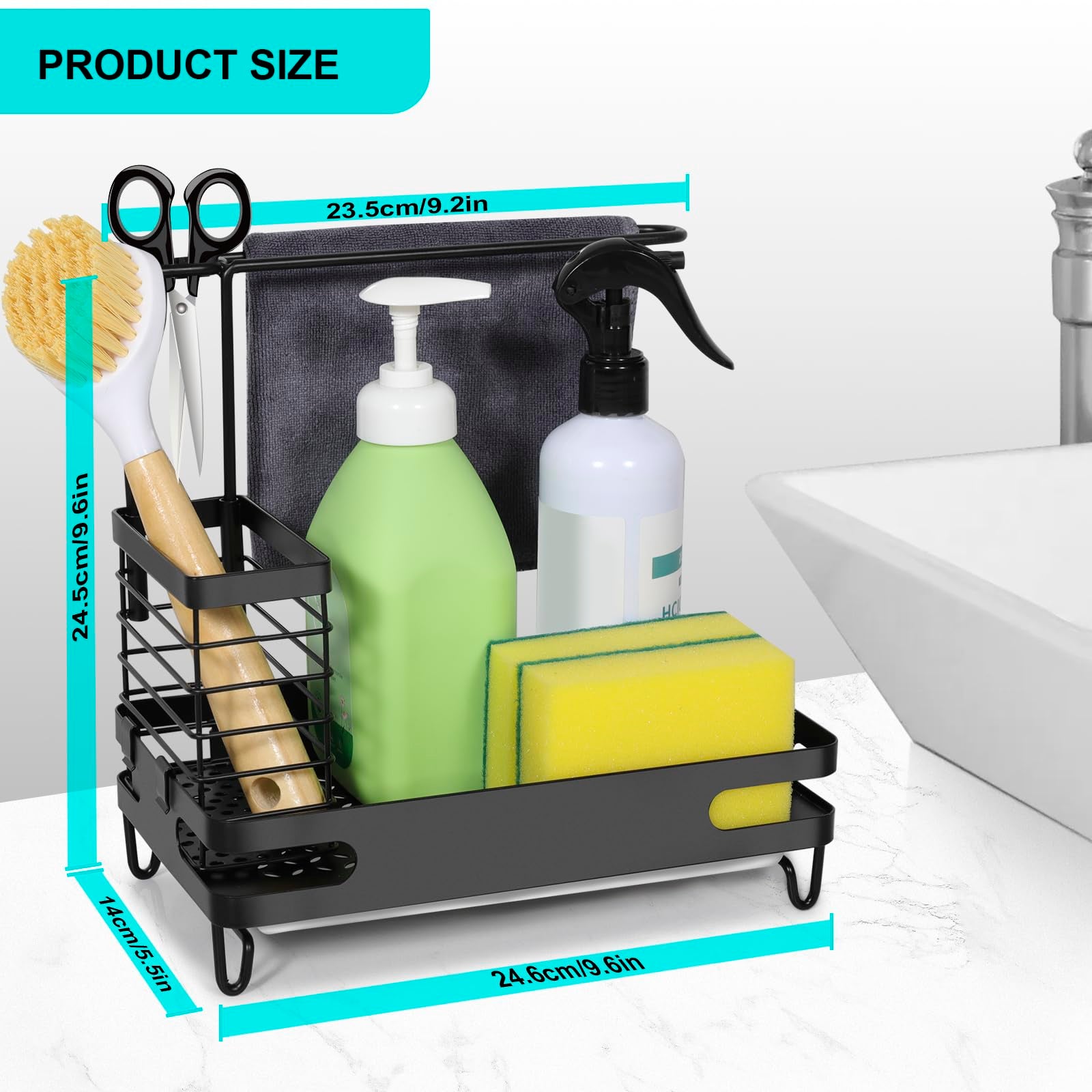 Organizador de fregadero de cocina 4 en 1 con bandeja de drenaje extraíble y 2 ganchos,organizador de fregadero de cocina de acero inoxidable - 2