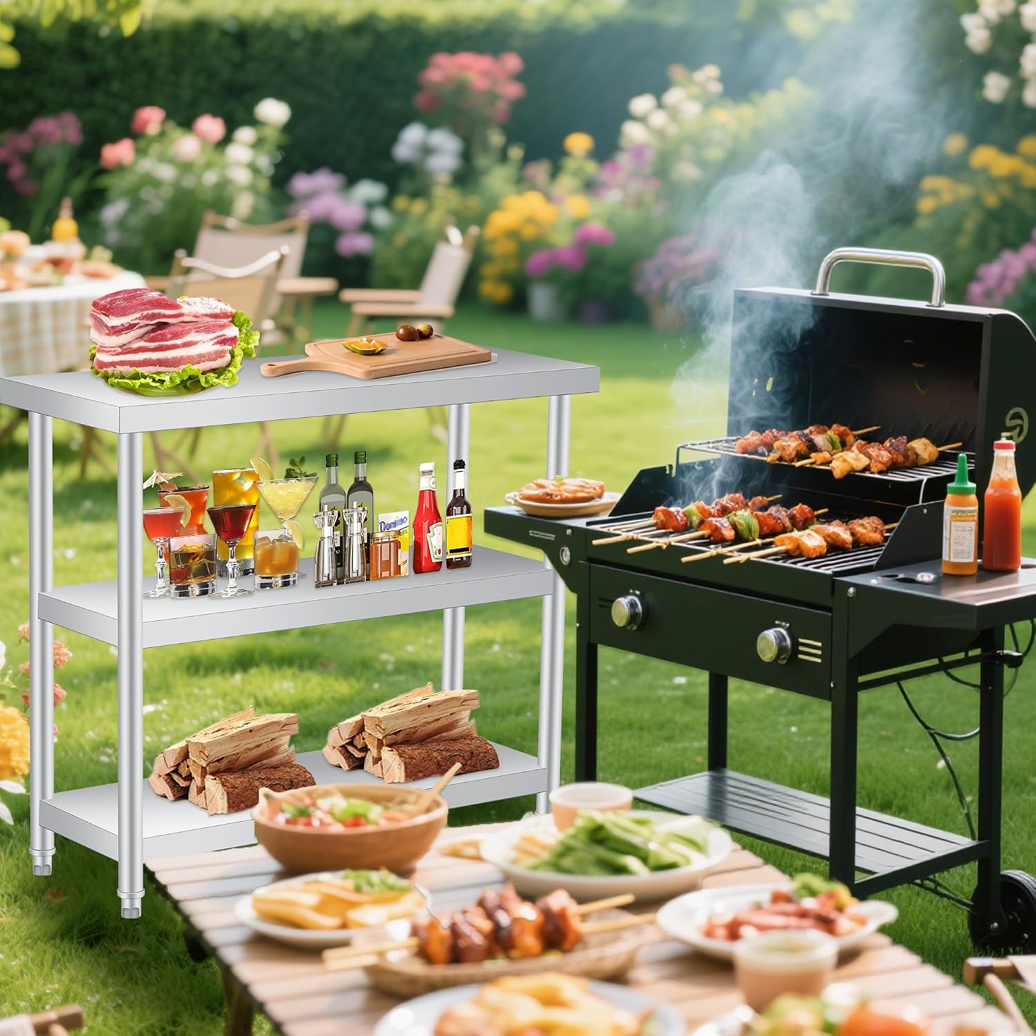 Stainless Steel Table, 14 x 24 x 34 in, 3-Tier Metal Prep Table | Leroy ...