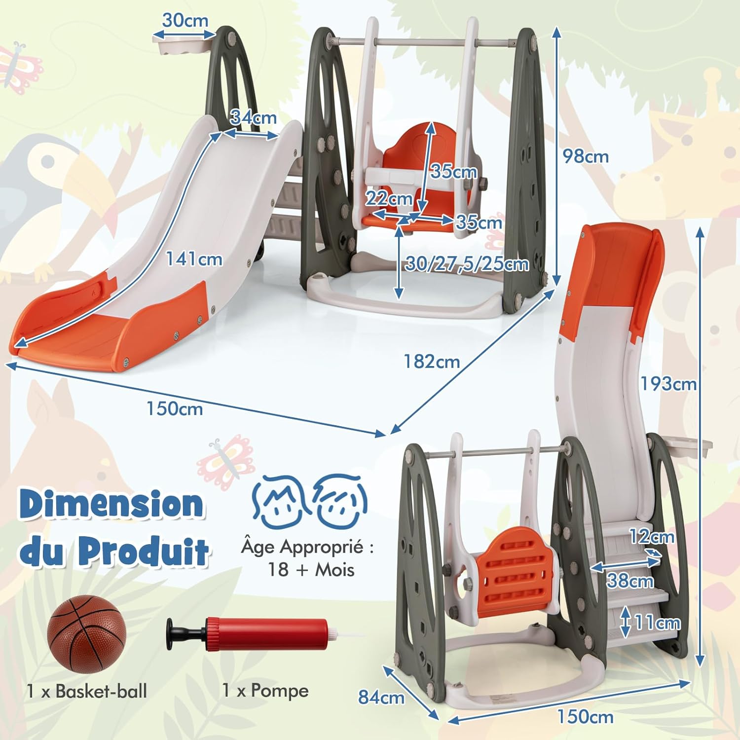 4 in 1 Parco Giochi per Bambini, Set di Scivolo con Arrampicata Altalena Regolabile in Altezza Scivolo e Canestro da Basket, per Bambini 18 Me - 5