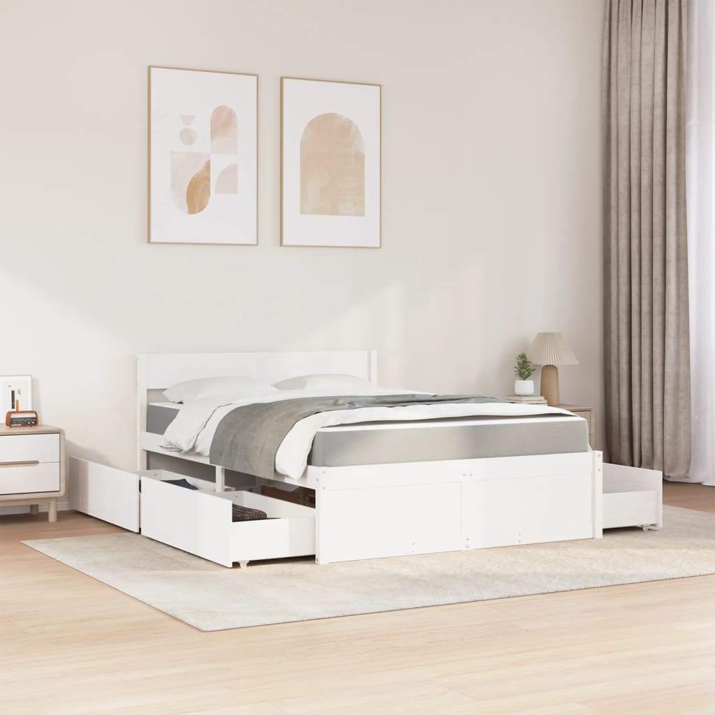 Lit avec tiroirs et matelas blanc 140 x 190 cm en pin massif - 3