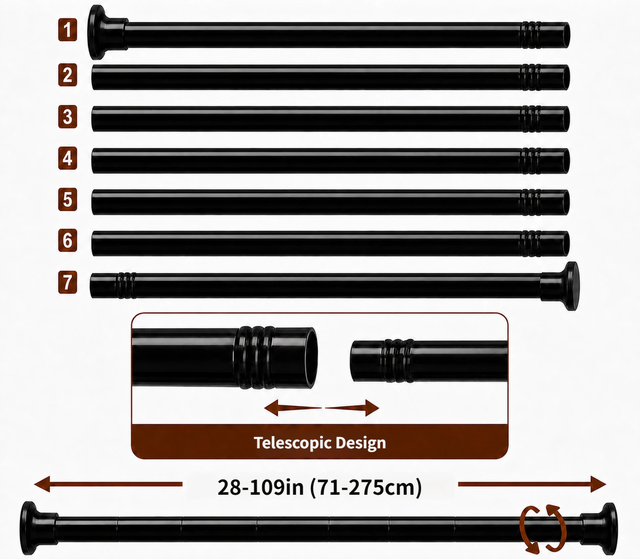 Tringle à rideaux sans perçage, 71–275 cm. Modèle renforcé et antidérapant ; convient aux dressings, salles de bains et balcons (noir).