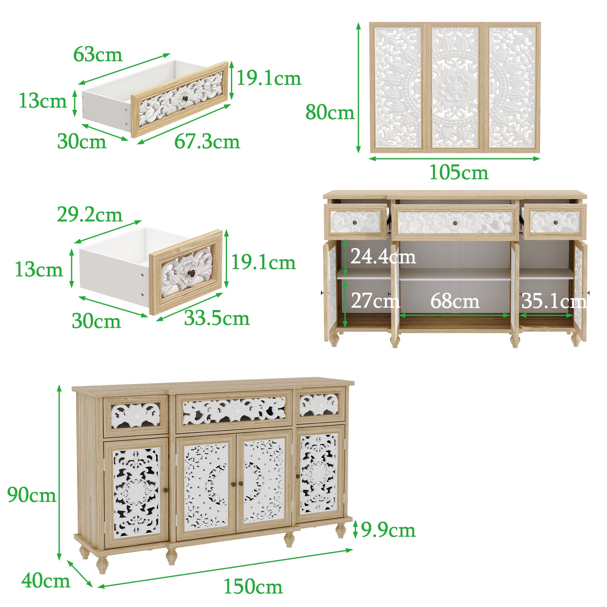 Buffet de Salon avec Décor Mural, 3 Tiroirs et 4 Portes avec Façade Sculptés et Ajourés, Chambre et Salon, 150x40x90, Blanc et Chêne - 2