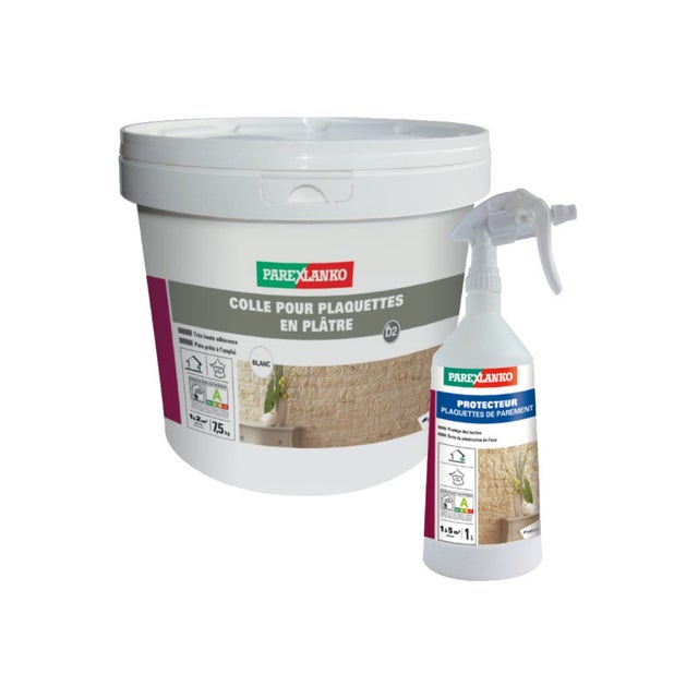 Pack PAREXLANKO - Colle pour plaquettes en plâtre blanc - 7,5kg - Protecteur plaquettes de parement - 1L