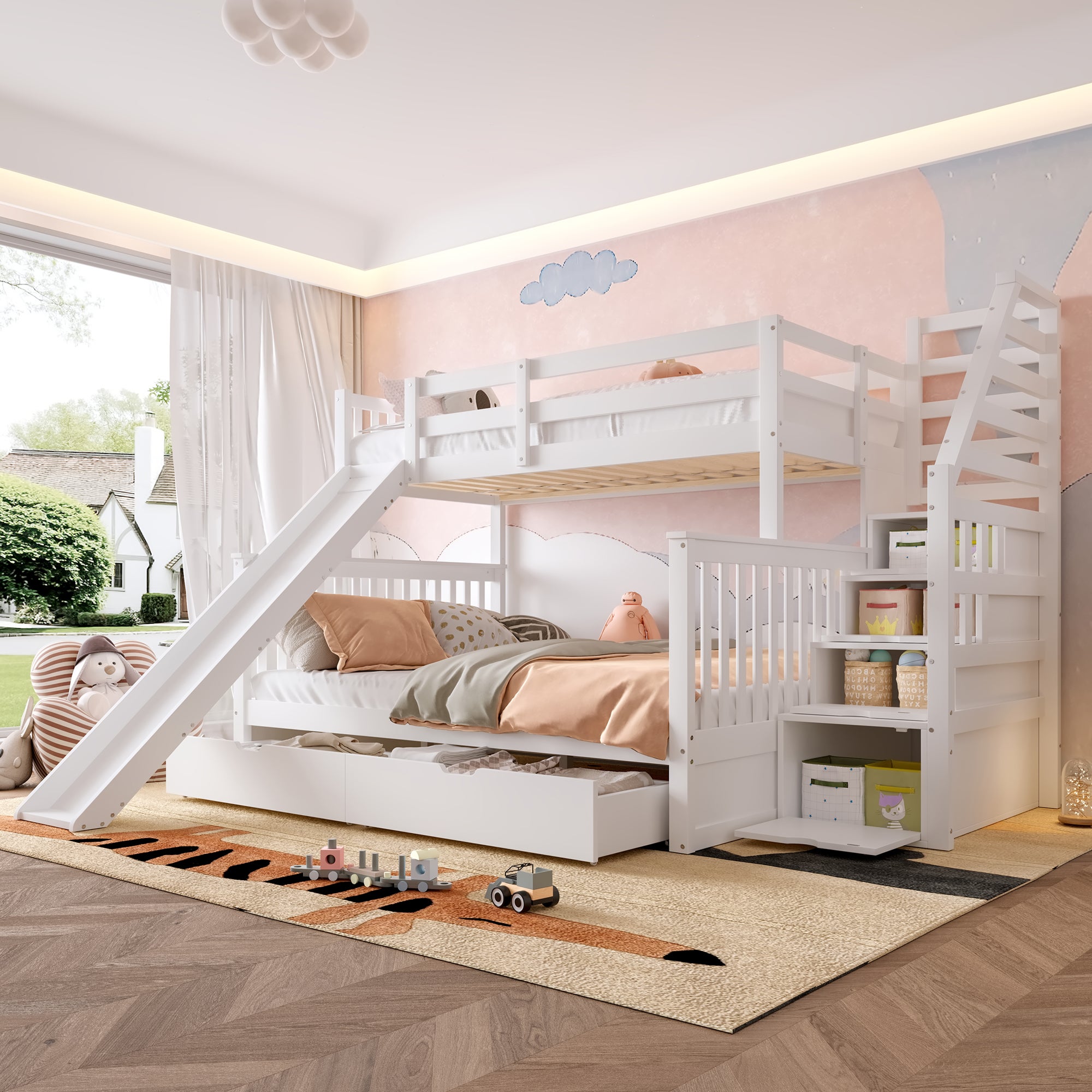 Łóżko piętrowe 3-osobowe z szufladami - 90 x 200 cm + 140 x 200 cm - drabinka, zjeżdżalnia i stelaż - białe