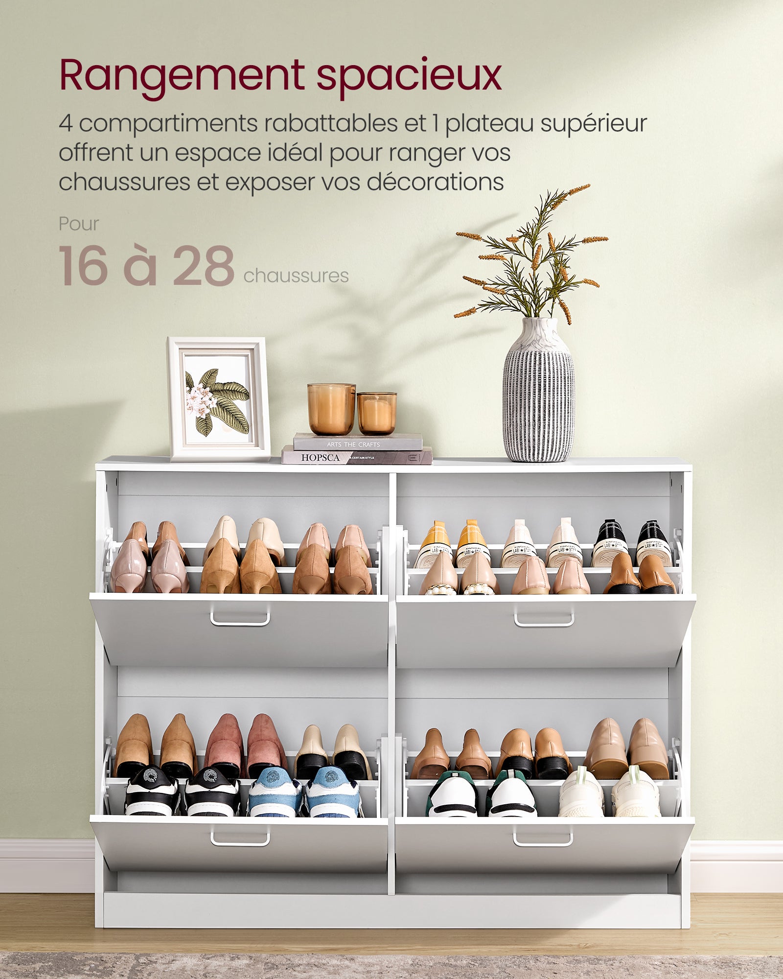 Meuble à Chaussures 4 Portes Battantes, pour 16 à 28 Paires de Chaussures, pour Entrée, 24 x 105,5 x 82,7 cm, Blanc Neige - 3