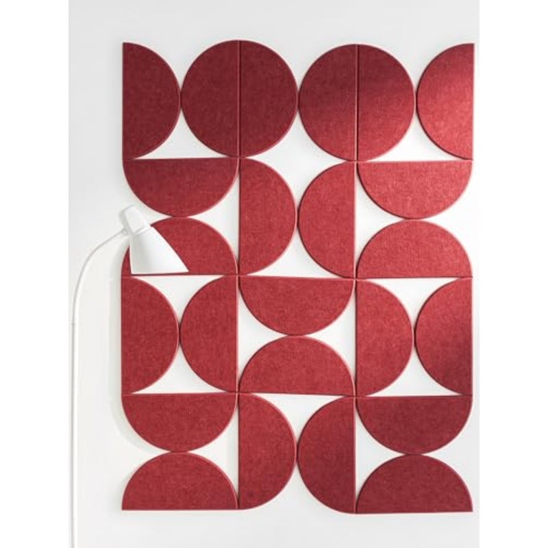 12 półokrągłych filcowych paneli dźwiękochłonnych, dekoracja ścienna, izolacja akustyczna, czerwone, podkład samoprzylepny 30 cm x 15 cm