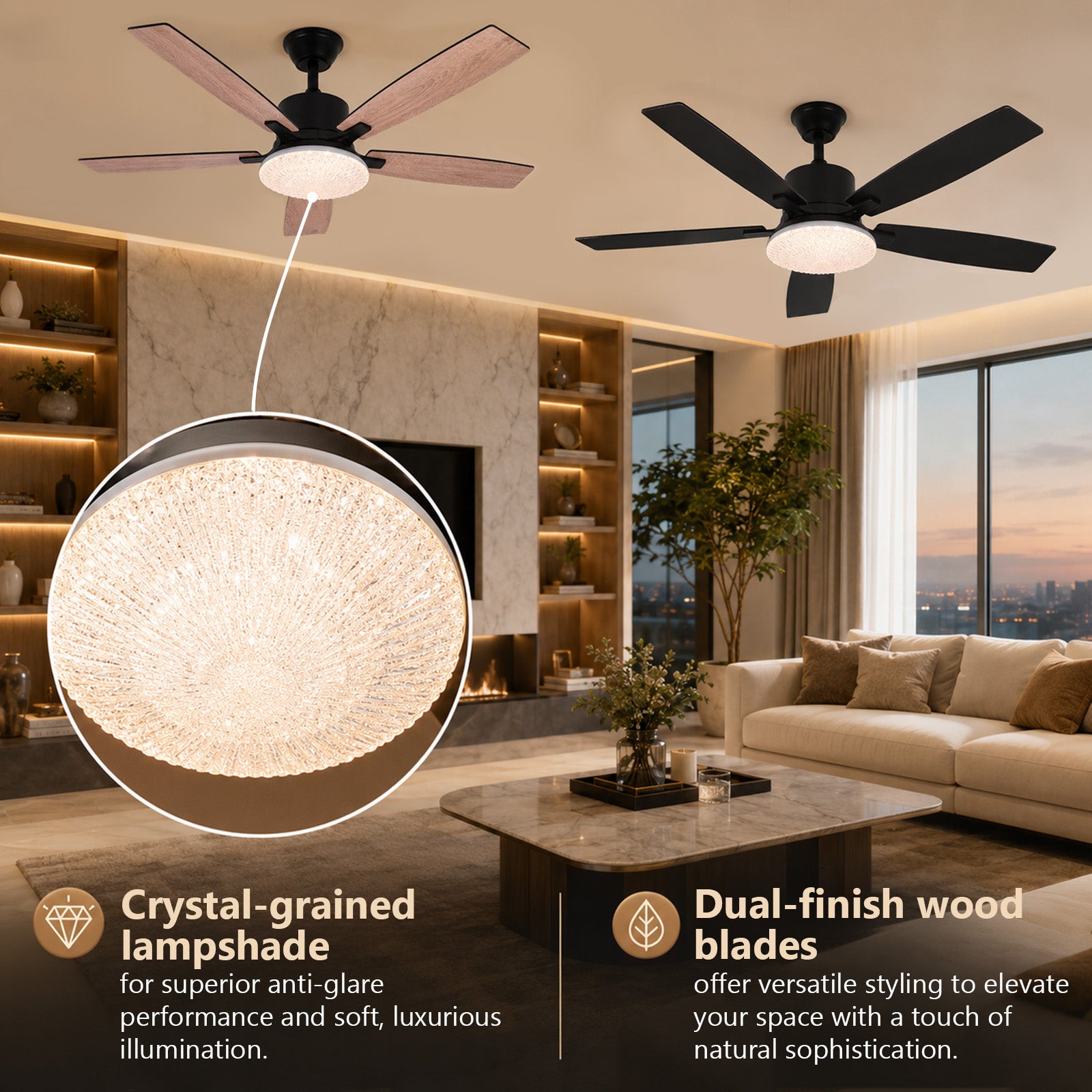 Ventilateur de plafond avec éclairage LED 132 cm 3000K-6500K diffuseur effet cristal pales aspect bois/noir, moteur DC télécommande/appli - 4