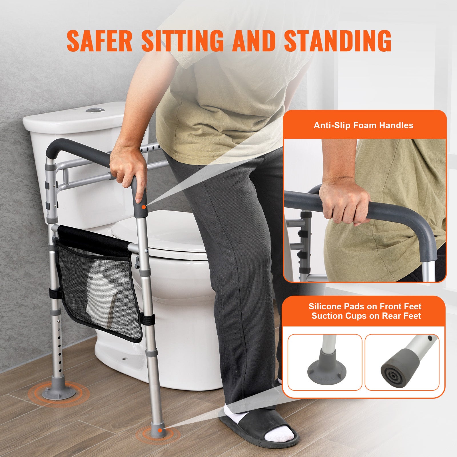 Barre de sécurité pour toilettes,SucceBuy siège pliable 300 lb,poignées antidérapantes,rampes polyvalentes,tube en alliage d'aluminium - 6