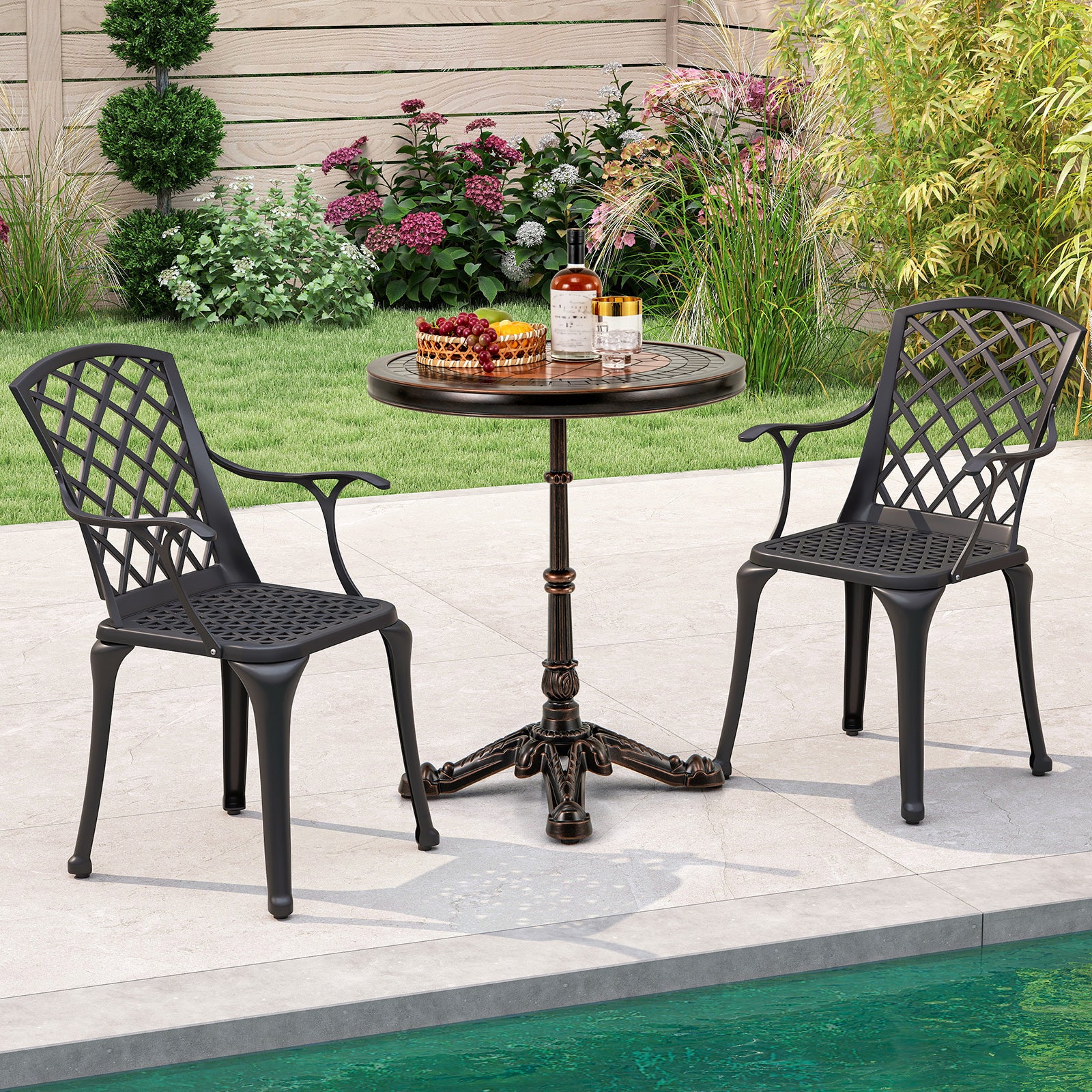 Table de Jardin Ronde de 60,5 cm, Table en Aluminium Coulé Résistante aux Intempéries avec Texture Sculptée et Plateau Peint, Bronze - 9