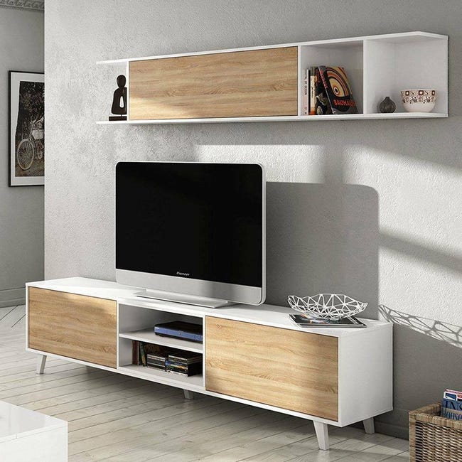 Parete Attrezzata Foraker Dmora - Mobile TV Soggiorno 220x180 Cm, Rovere E Bianco - Foto 8