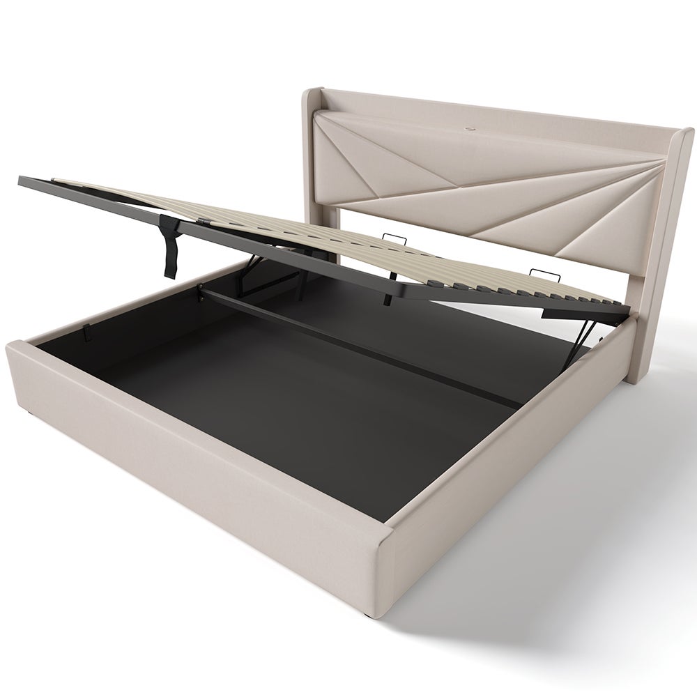 Lit coffre Lit double rembourré Lit de rangement Tête de lit avec fonction de chargement USB Lit de jeune Lit 180x200 cm Beige - 2