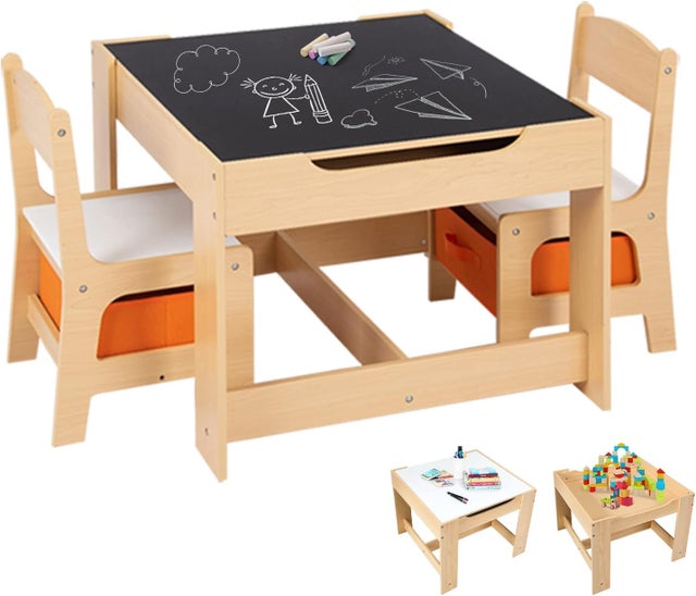 Tavolino Bambini 3 in 1, Set Tavolo e Sedie per Bambini con Lavagna Rimovibile e 2 Sedie con Cestini Portaoggetti, Scrivania Multiuso per Came