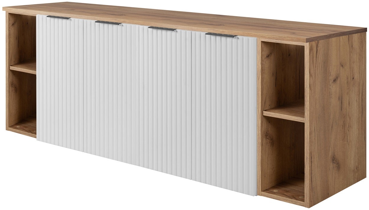 Zestaw łazienkowy FLOW 160 cm biały z regałami dąb craft złoty ryflowany front