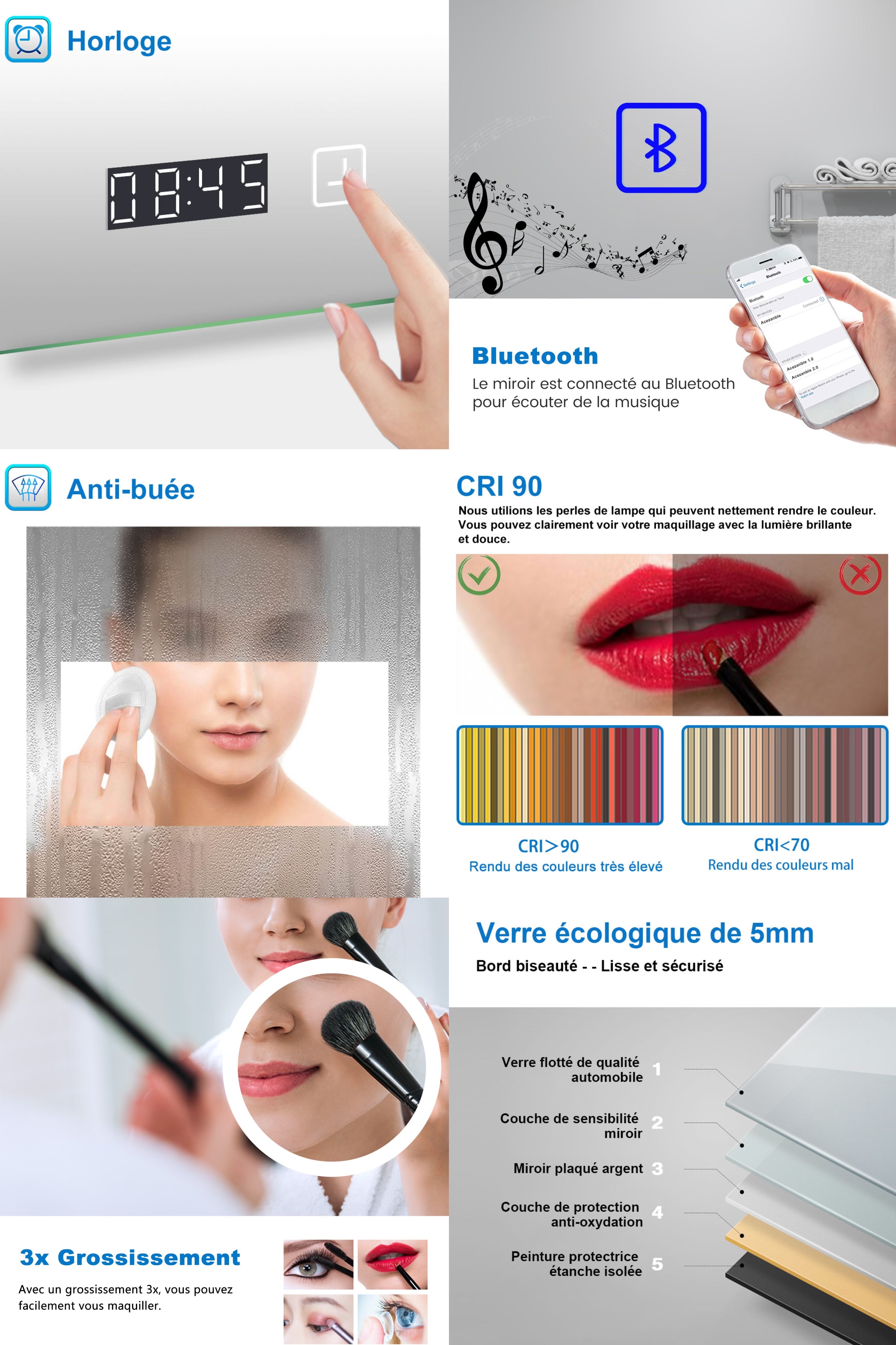 AICA Miroir lumineux Horloge + loupe + bluetooth + tricolore + anti-buée 120x70cm salle de bain dimmable,mémoire,tactile,led - 3