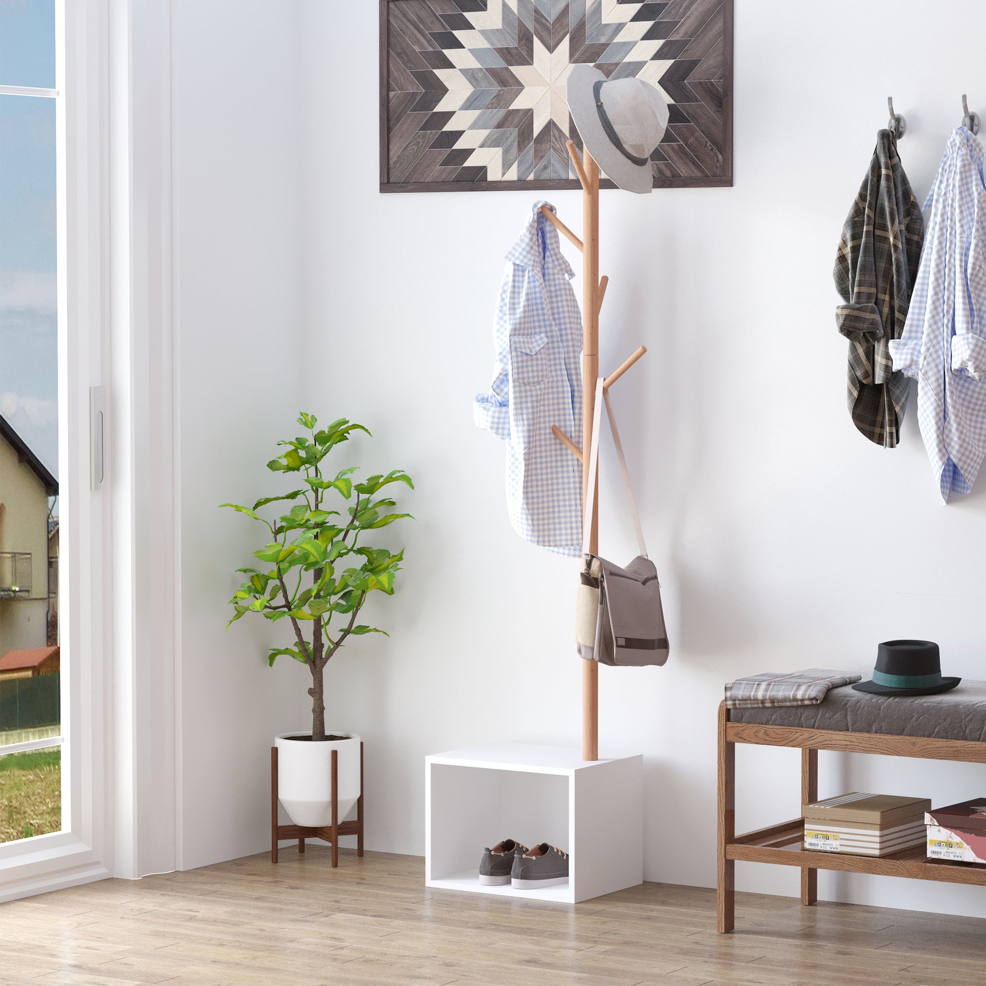 Homcom Perchero De Pie 40X30x180 Cm Bambú Y Mdf Blanco , Leroy Merlin