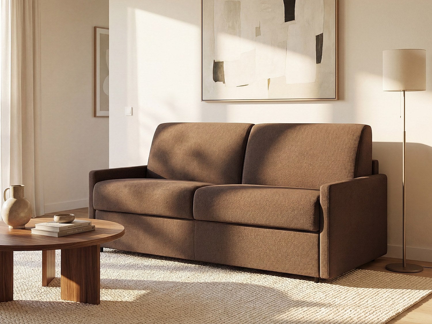 Kanapa 2-osobowa z ekspresowym mechanizmem rozkładania z tkaniny CALIFE - Kolor: brązowy - Miejsce do spania: 120 cm - Materac 22 cm z pamięcią kształ