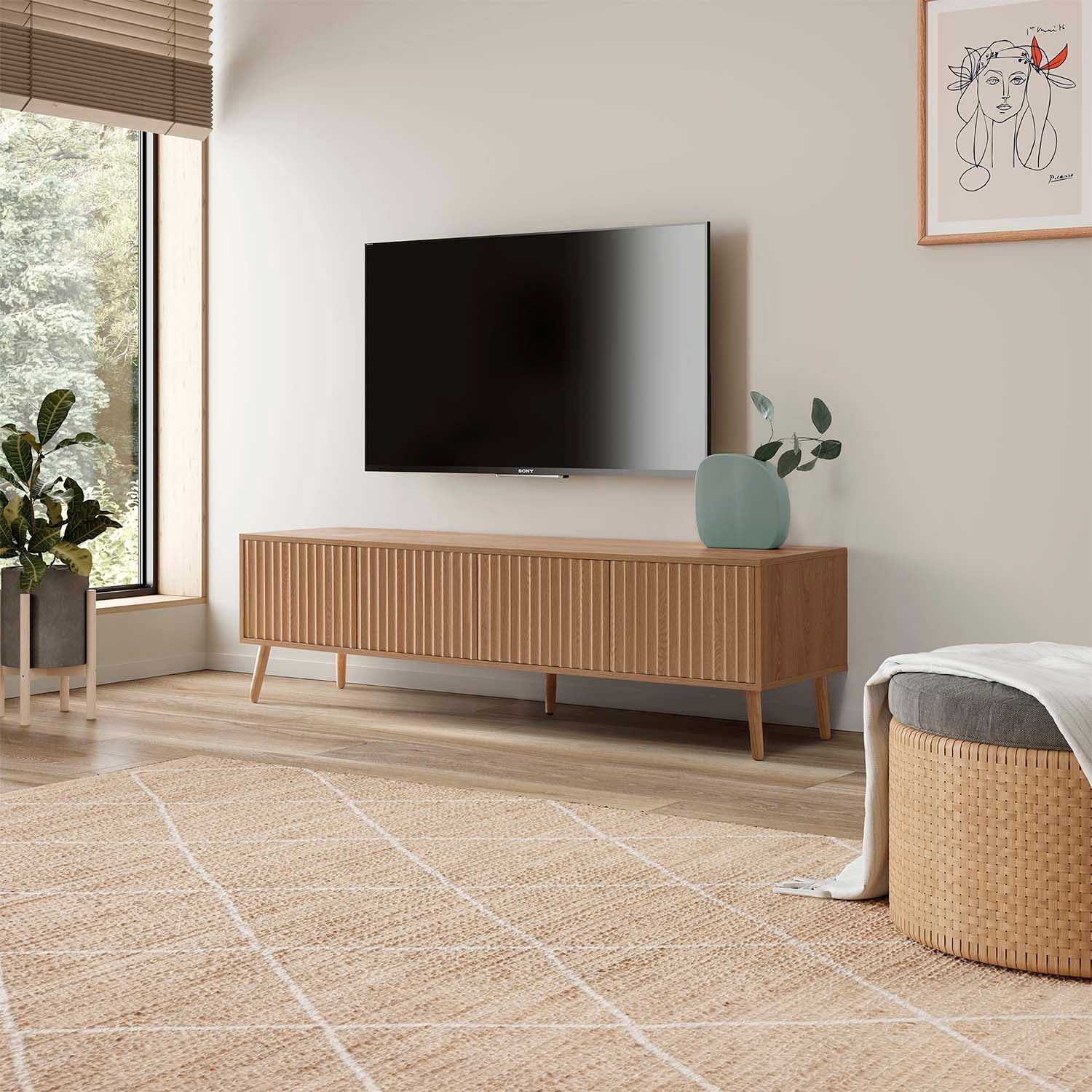 Meuble TV Lluvia 4 portes, coloris chêne, longueur 160 cm - 2