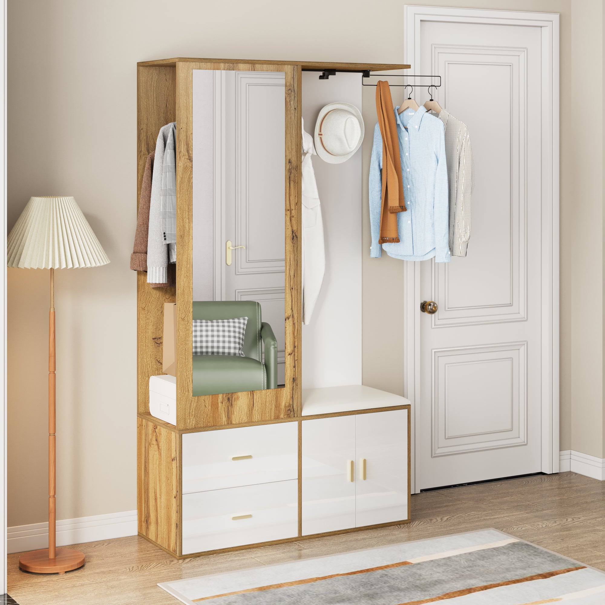 Szafka na buty + ława + szafa z lustrem - 2 drzwi i 2 szuflady - 100x38x180cm - Płyta wiórowa - Biały i naturalny