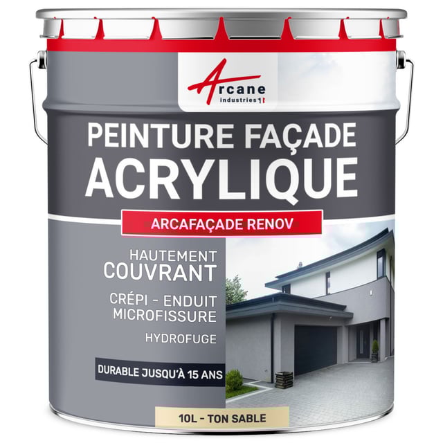 Peinture Façade - Peinture Hydrofuge Acrylique 14 couleurs - 10 L (+ ou - 60 m² en 1 couche) Ton Sable - RAL 085 90 20 - ARCANE INDUSTRIES