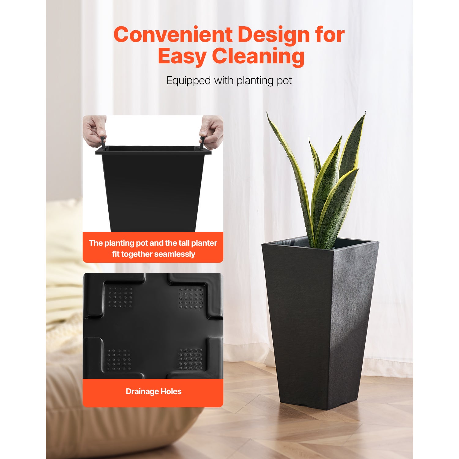 Ensemble de 2 jardinières SucceBuy d’extérieur 55 cm, carrées coniques noires avec drainage intégré, design moderne - 4