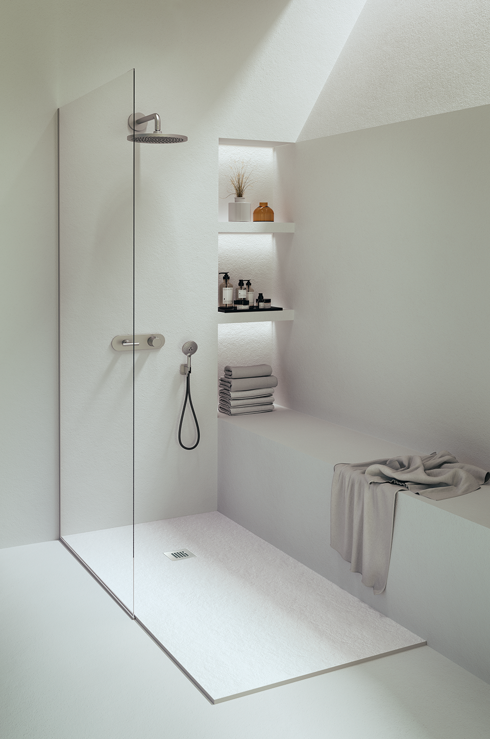 Brodzik Vulcano Line Slim 75x75 cm, jasnoszary RAL 7035, wykonany z żywicy syntetycznej i proszku marmurowego, z odpływem swobodnym - FRASCIO - 7