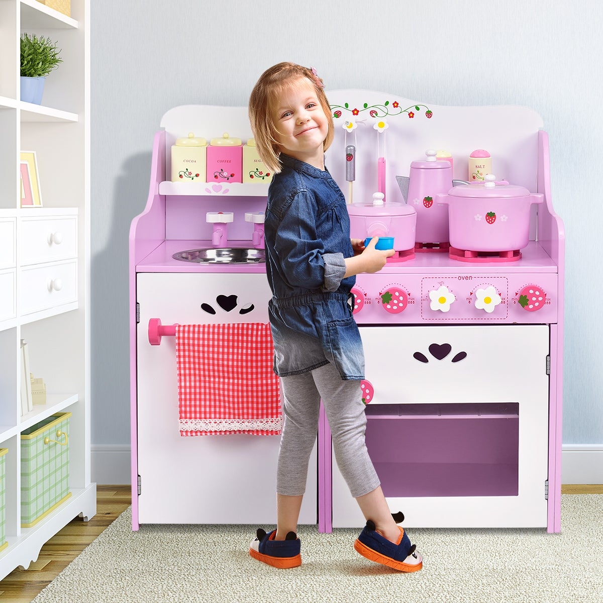 Cocina Juguete para Niña Madera Rosa Fresa Horno Juego Infantil