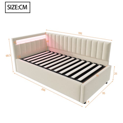 Canapé-lit 90 x 200 cm avec LED, espace de rangement, sommier à lattes, en velours, beige, sans matelas - 4